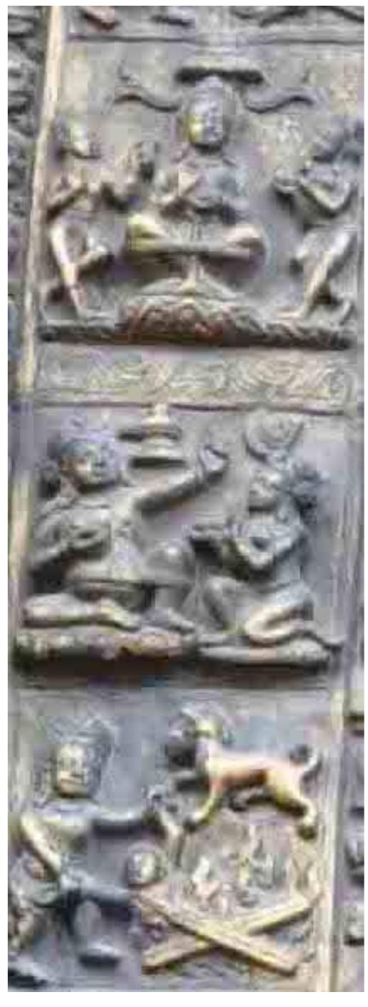 Left: Taleju Bhawani Temple door with twelve siddhas and eight Smasanas in the bordering registers 