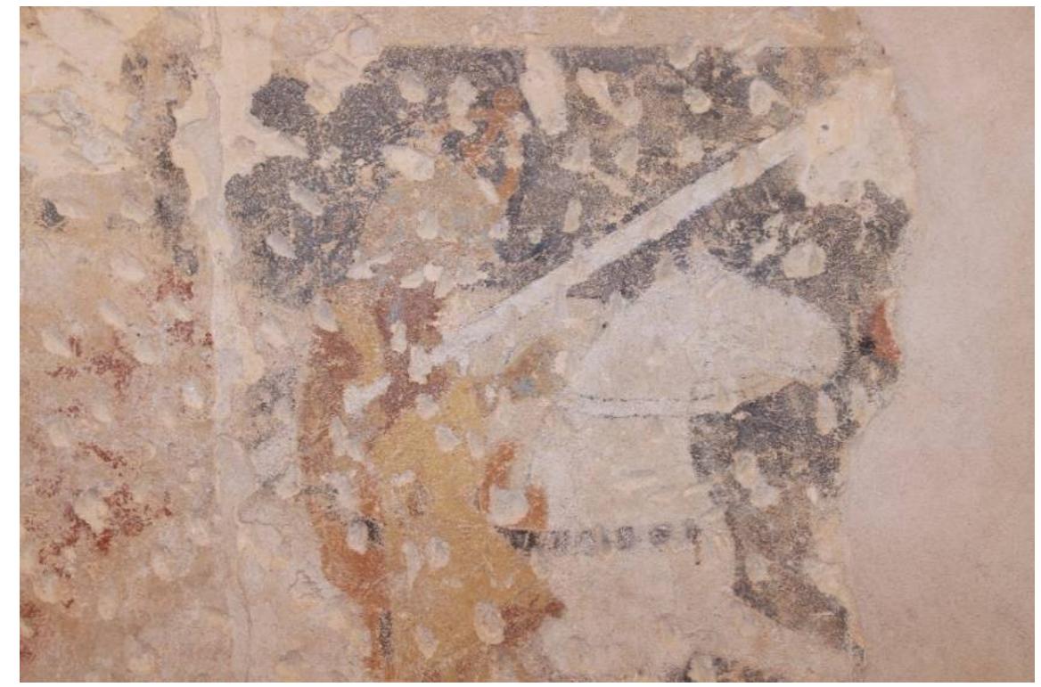 Figure 21. Kunéstat, castle. The northern wall of the room with the knight’s cycle, detail of a knight with anchor in the coat of arms—probably Gahmuret, the father of Parsifal. First half of the 14th century. Photo by FrantiSek Zaruba, the author’s own work. 
