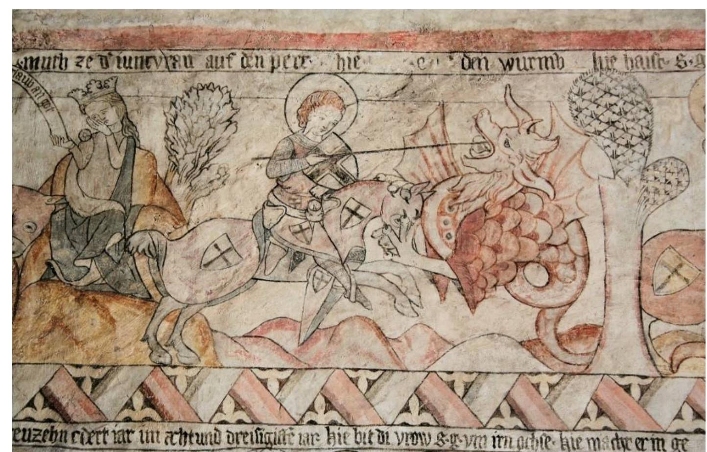 Figure 23. Jindfichtv Hradec, castle. St. George’s cycle, detail of St. George fighting the dragon, witt inscription identifying the patron of the paintings and their dating to 1338 in the lower part. Photo by Frantisek Zaruba, the author’s own work. 