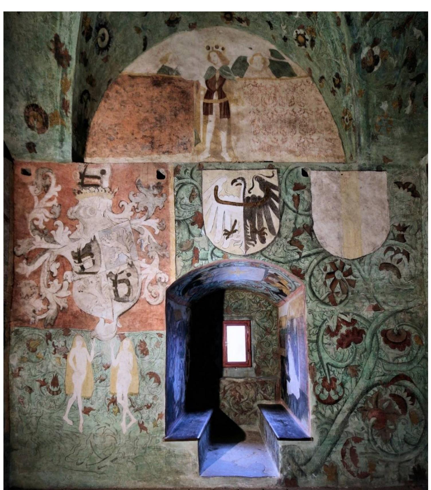ond of the  4th century.  In the first half of the 15th century, such decorated interiors appear  in Piedmontese castles, and similar examples can be shown in Central Europe around that  ime. The  younger (a King of Bo  Blatna Cast (Figure 27).  \  painted dec  425, while wall paintings in the Great Hall of  round 1450  popularity at the end o  e are the be They were  Europe in  465-1467 (  chamber”, in Zirovnice p. 293) (Figure 28). In b  hemia (Zaruba 2016, pp. 380-81). Green chambers reached the  ated around a are slightly y, the future peak of their f the third quarter of the 15th century. The two “green chambers” in st-known examples, and perhaps the model for subsequent projects founded by Jaroslav Lev of Rozmital, who traveled around Western Nejedly 1993, p. 206). The creation of a slightly younger “green Castle, is associated with Vaclav Vencelik of Vrchovist’ (Krasa 1964, oth cases, the painted decoration included founders’ coats of arms,  oration of one of the rooms of Kriebstein Castle is d Podébrady Castle in Bohemi ). They were commissioned by George of Podébrad  scenes of hunting or d hese interiors was the combination of secular motifs with a dominant green acanthus  ornamentation.  ueling, and vedute of towns or castles. The common feature of  Figure 27. Blatna, castle, “green chamber” on the second floor of the entrance tower. View of the southeast wall with the large coat of arms of the Lords of RoZmital (located directly opposite the entrance to the room). Around 1485. Photo by FrantiSek Zaruba, the author’s own work.  Figure 27. Blatna, castle, “green chamber” on the second floor of the entrance tower. View of the 