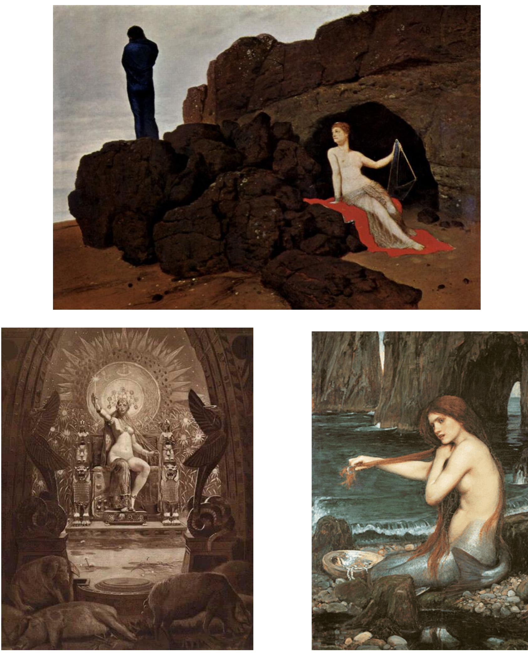 ANNEX 15 — Diurnal images of femininity. Top: Odysseus and Calypso (1883) by Arnold Boécklin. Oil on canvas, 104 x 150 cm. Kunstmuseum, Bale, Germany. Avaliable at < http://upload. wikimedia.org/wikipedia/commons/thumb/2/25/Arnold_Boécklin_008.jpg/ 800px- Arnold_Bécklin_008.jpg > (access on July 26, 2007) . Bottom right: Circe (1892), photogravure by Louis Chalon. Available at < http://www.jnanam.net/golden-ass/goldass/circe.jpg > (access on July 26, 2007). Bottom left: A Mermaid, Waterhouse. Print on artist canvas, 40 x 60 cm. Available at < http:// www. illusionsgallery.com/mermaid-L.gif > (access on July 26, 2007). 