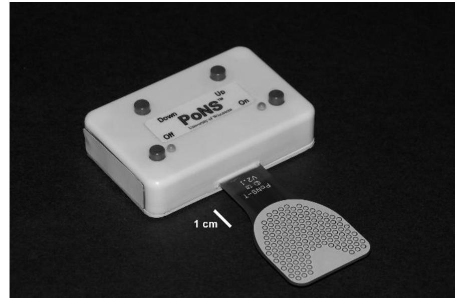 Figure 2: PoNS device.  The portable neuromodulation stimulator (PONS™) is an electrical pulse generator that delivers carefully-controlled electrical stimulation to the tongue. The pulses are generated and controlled by commercially available counter, timer, and wave- shaping electronic components. The components are mounted on a single printed circuit board (Fig. 2). The circuit board contains 143 gold-plated electrodes that contact the tongue. A rechargeable lithium-polymer battery with built-in charge safety circuitry provides the power. 