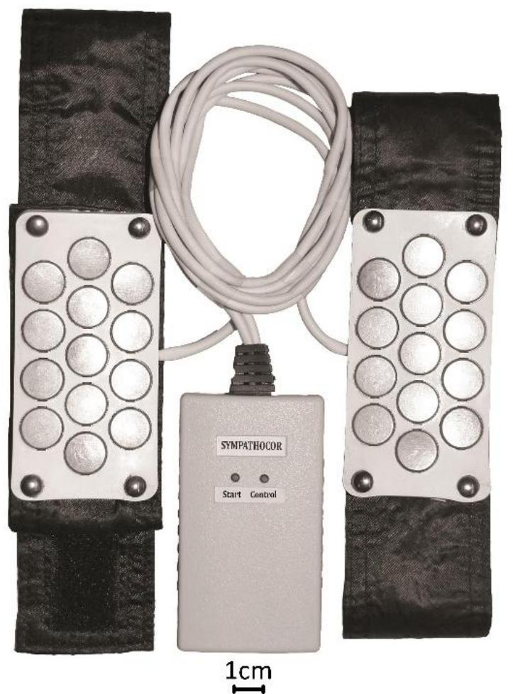 Figure 3: The general view of the SYMPATHOCOR device.  The portable corrector of activity of the sympathetic nervous system (SYMPATHOCOR) is an electrical pulse generator that delivers the spatially-distributed field of the carefully-controlled current pulses in the neck (Kublanov V.S., 2008). The general view of the SYMPATHOCOR device is presented in Fig. 3. 