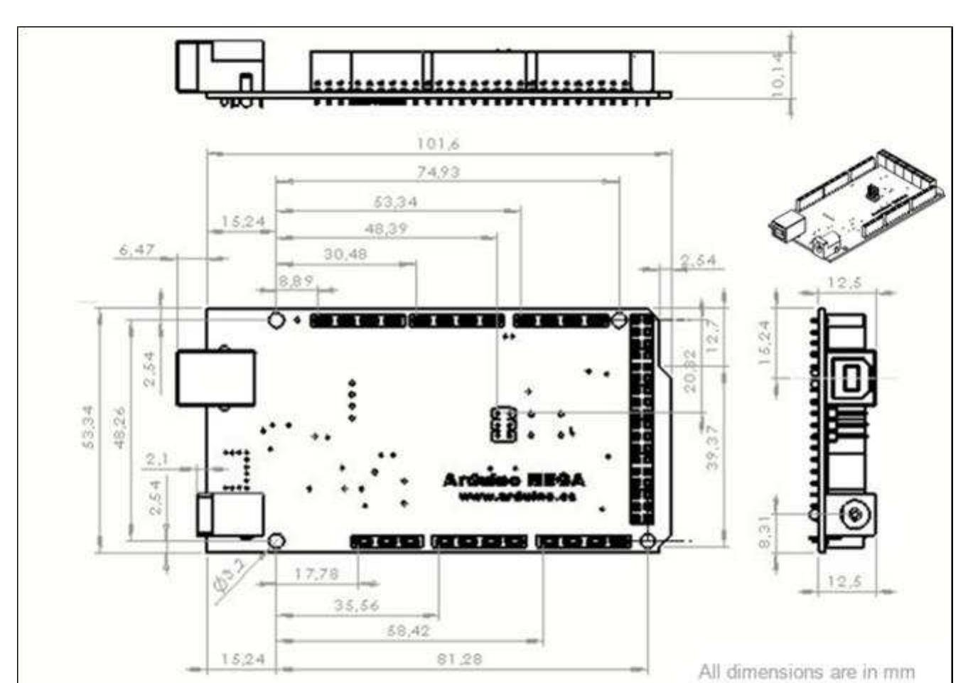 A. top view of arduino mega 2560 fig. 2b. technical drawing