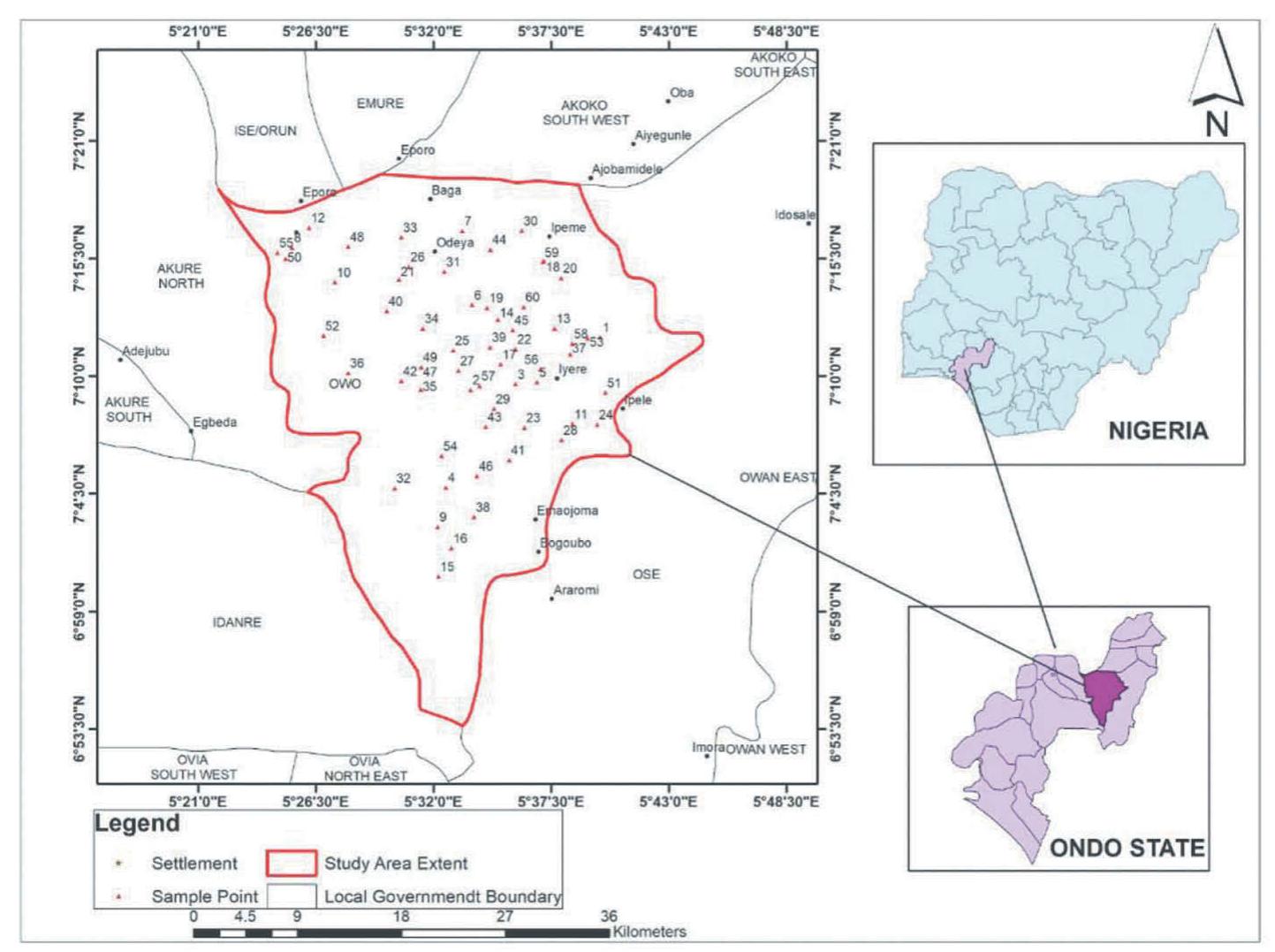 Map of the study area with sample collection points.