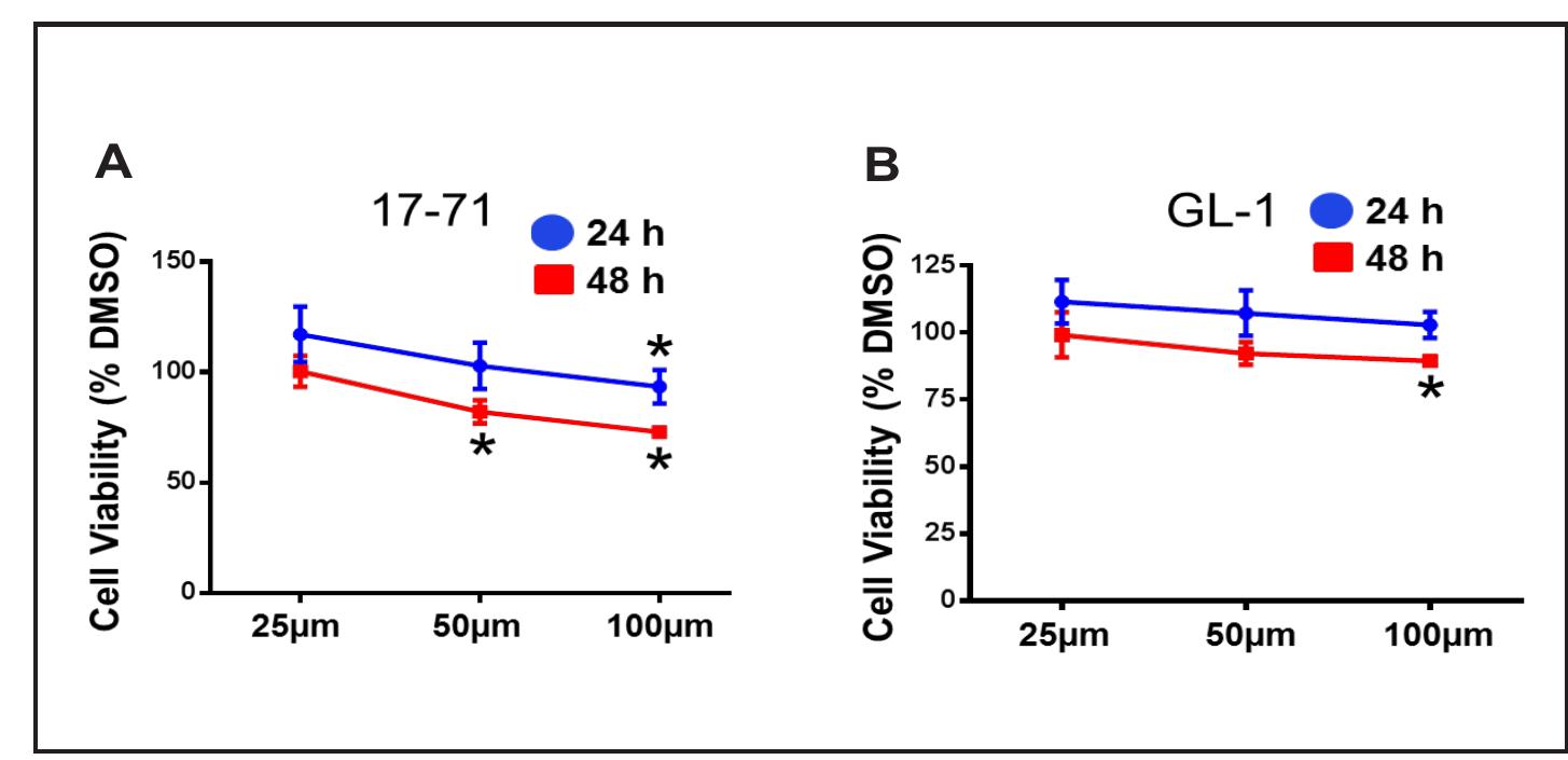 Figure 2. Effect of DIM on viability of canine B-cell lymphoid tumor cells. Cell viability was measured after treating 17-71 (A) and GL-1 (B) cells with vehicle DMSO or increasing concentrations of DIM as indicated for 24 or 48 h. Data are presented as mean + SD of three separate experiments (*P < 0.05 determined by Student’s unpaired t-test).  Cell viability data are expressed as percentage of DMSO treated cells (control), where control was set as 100% viability. The vehicle DMSO treatment did not significantly affect cell viability when compared to untreated cells. Data are shown as mean values from at leas three independent experiments with bars indicating the standard deviation. The Student’s t-tes was used to determine statistica  significance (*p < 0.05) of unpaired samples by comparing the viability of cells treated with DMSO to DIM. In accumulation assays, fluorescence intensity of the samples without R123 was considered as the background. Fluorescence intensity of all the samples with R123 was subtracted with the background fluorescence before data normalization. The efflux activity of P-gp is presented  