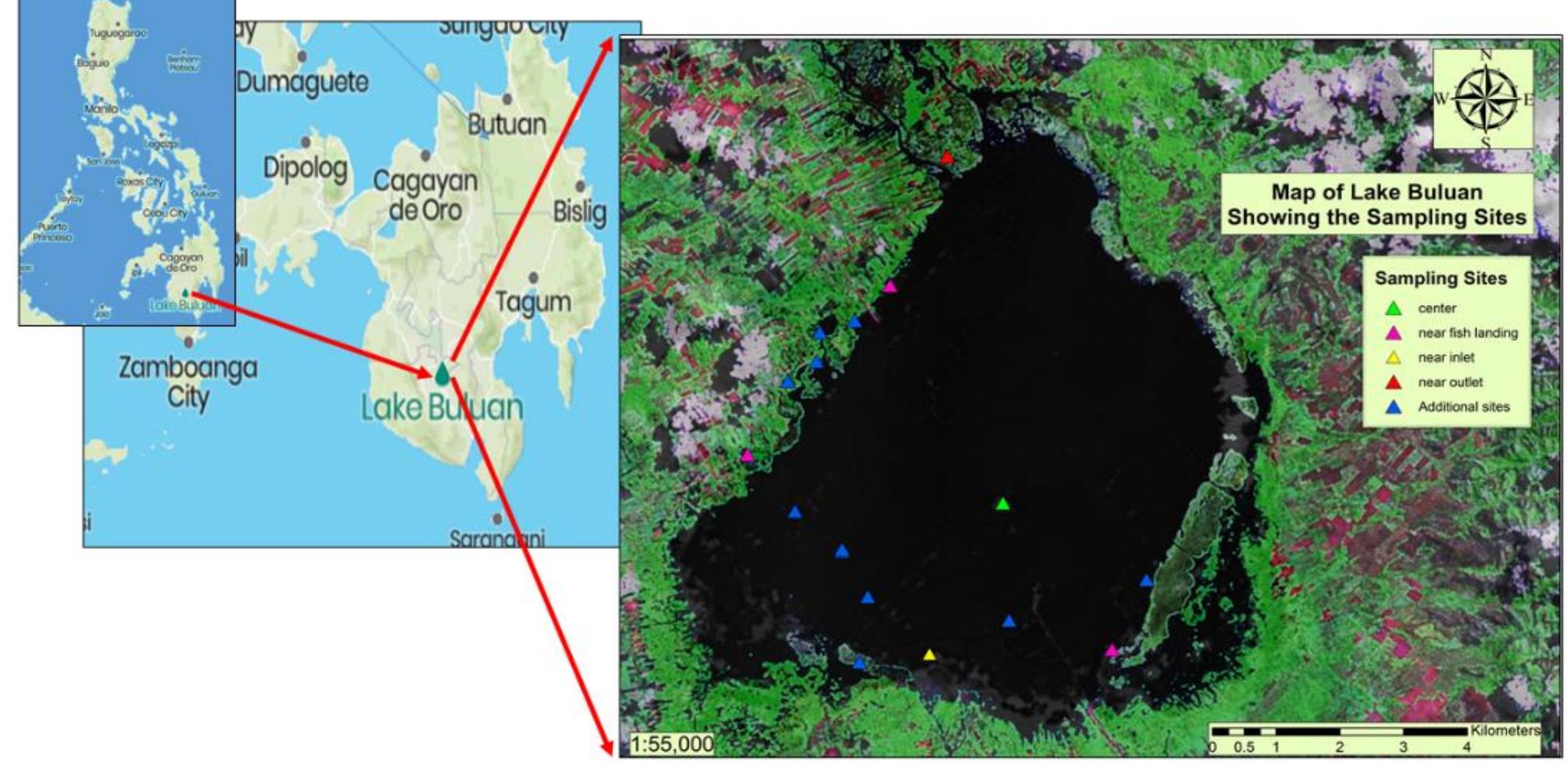 Map of lake buluan showing the locations of the different