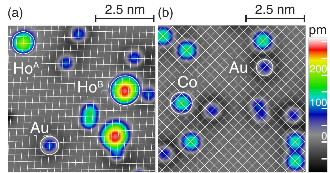 Stm image of coadsorption of (a) au and ho and (b) au and co