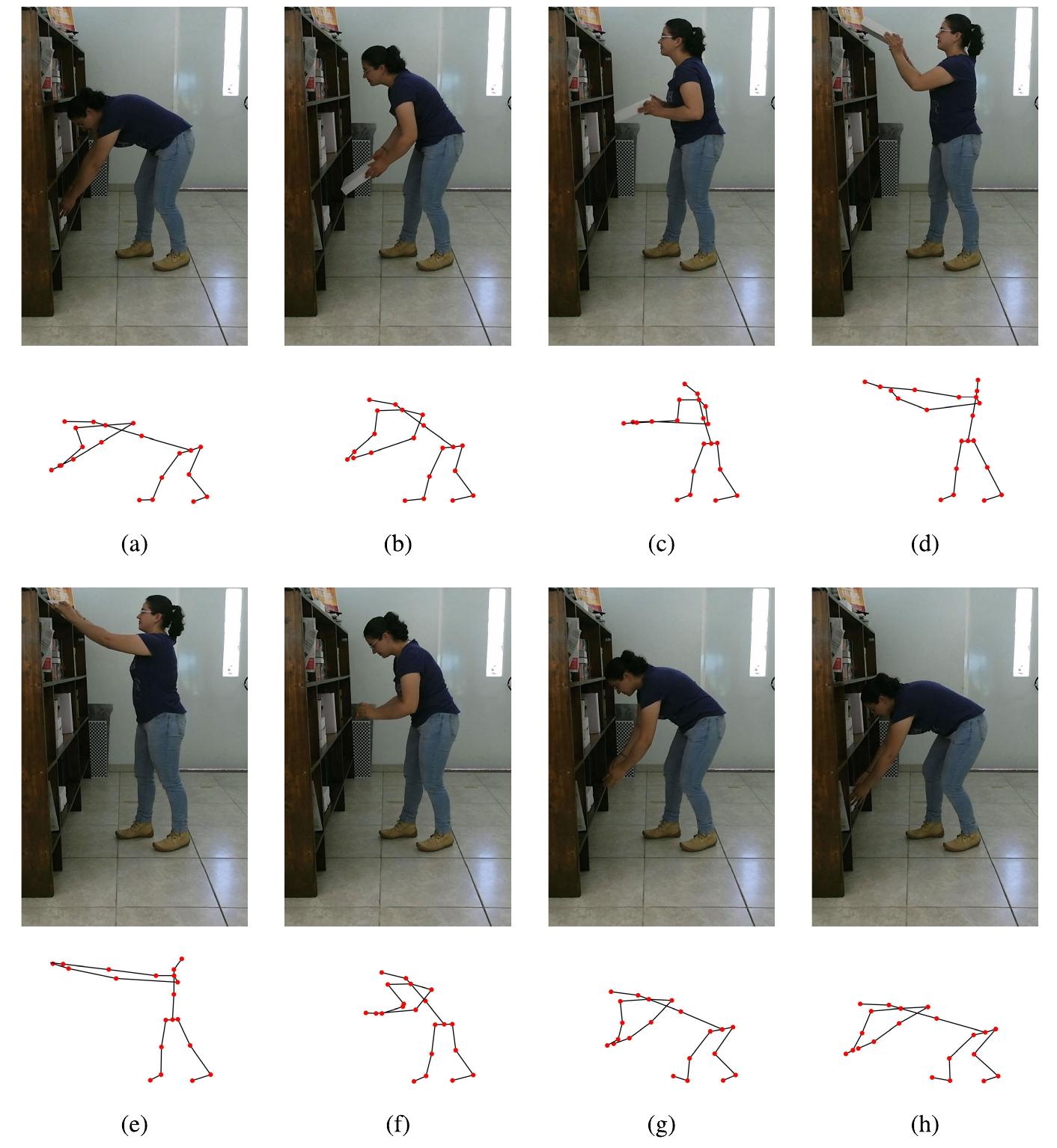 FIGURE 2. A work cycle of the performed pick and place activity. The first and third rows show some of the color images acquired, and the second and fourth rows depict the corresponding joint positions of the subject on the scene. 