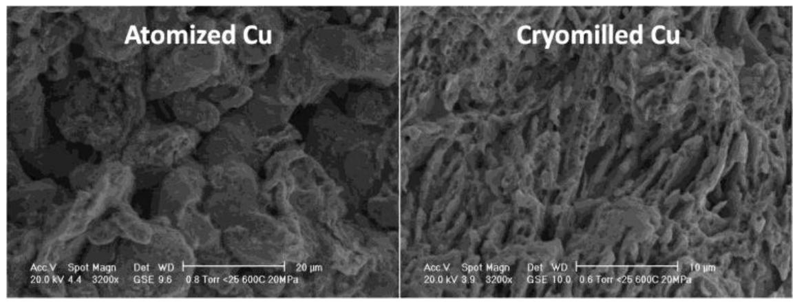 Figure 39: fracture surface of the atomized and the cryomilled specimens, sintered a 600°C 