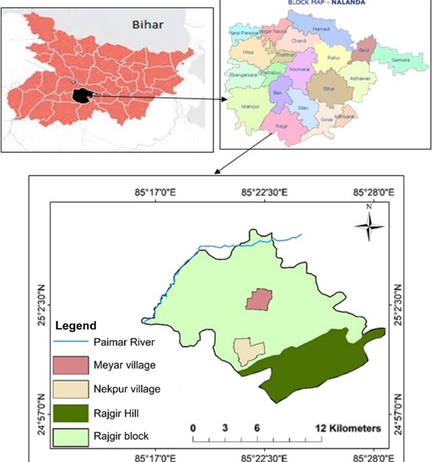 Fig. 1. Location of Nekpur and Meyar village in Rajgir block of Nalanda, Bihar, India. [Reprinted from Bandyopadhyay et al. 2021, under Creative Commons-BY-4.0 license (https://creativecommons.org/licenses/by/4.0/).] 