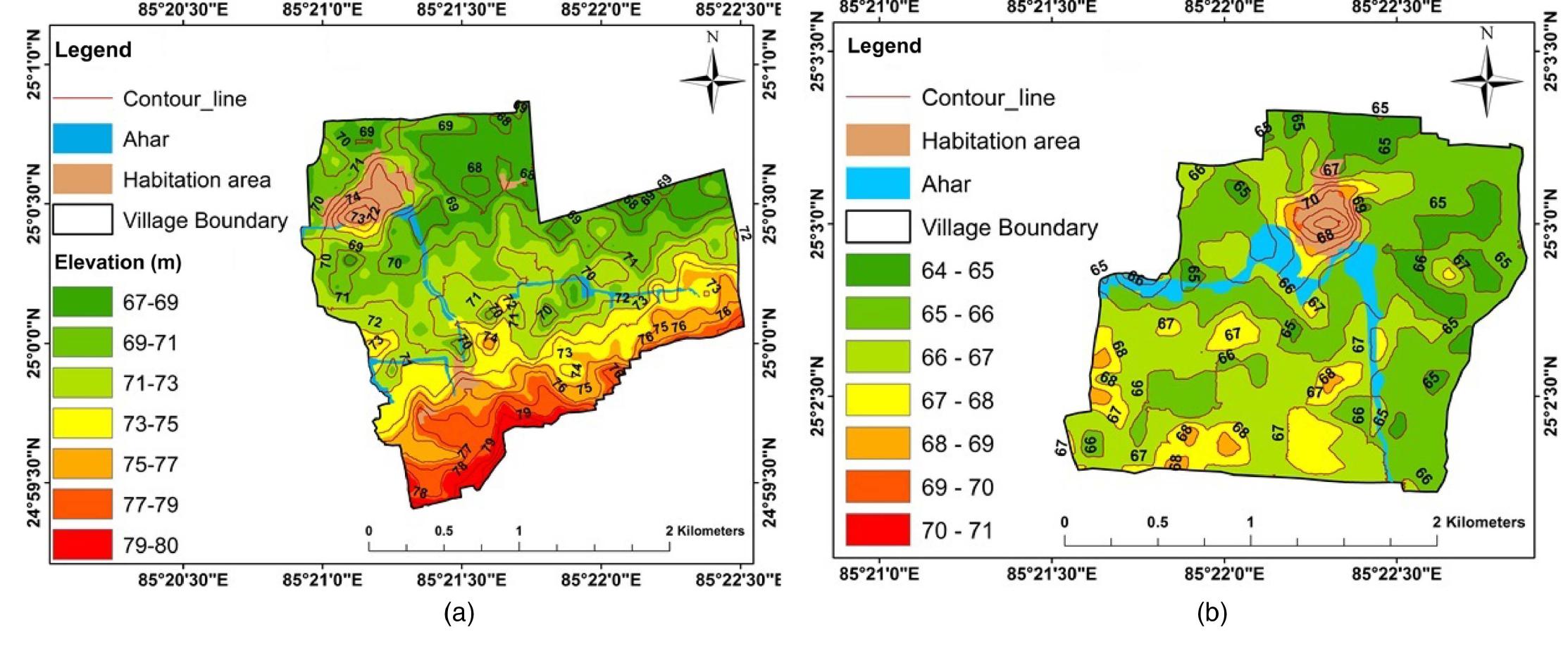Fig. 3. Elevation map for (a) Nekpur; and (b) Meyar village.