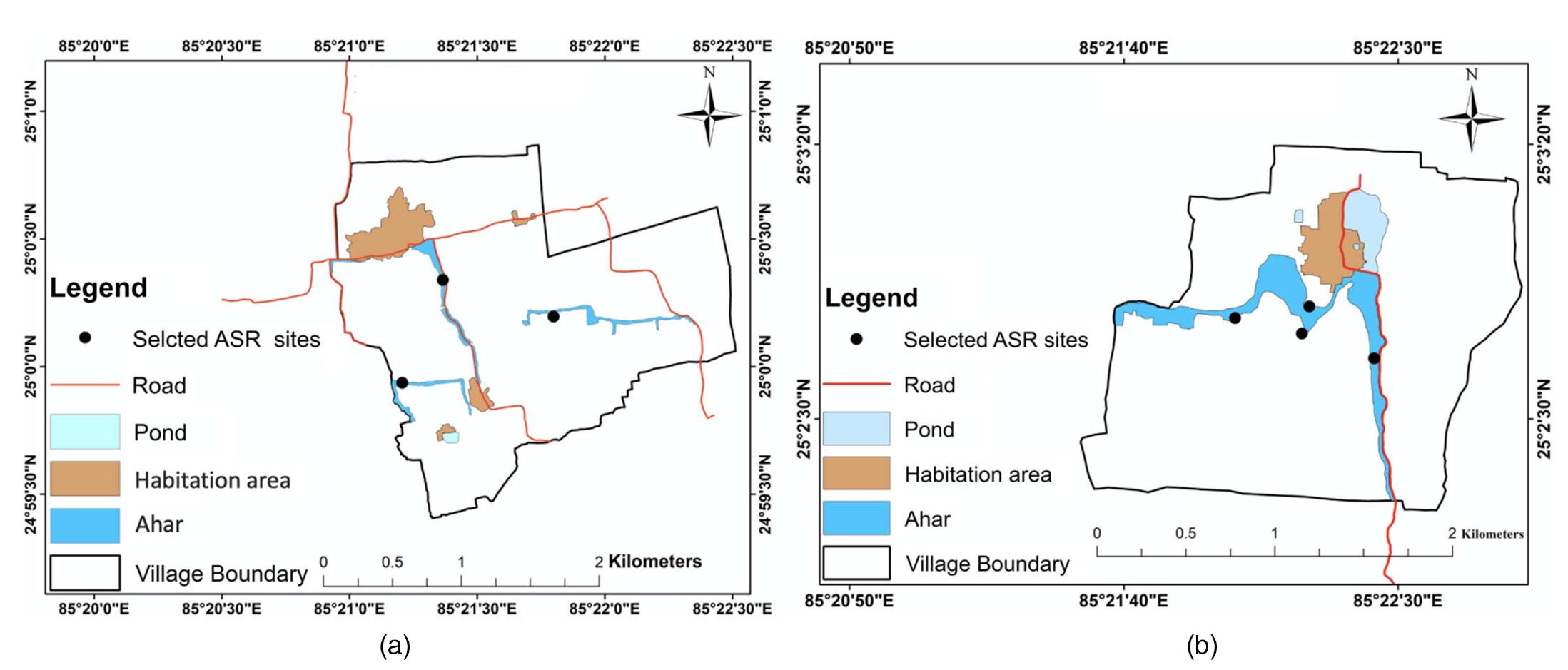Fig. 4. Map showing suggested suitable sites (black spheres) for ASR project for (a) Nekpur; and (b) Meyar village.