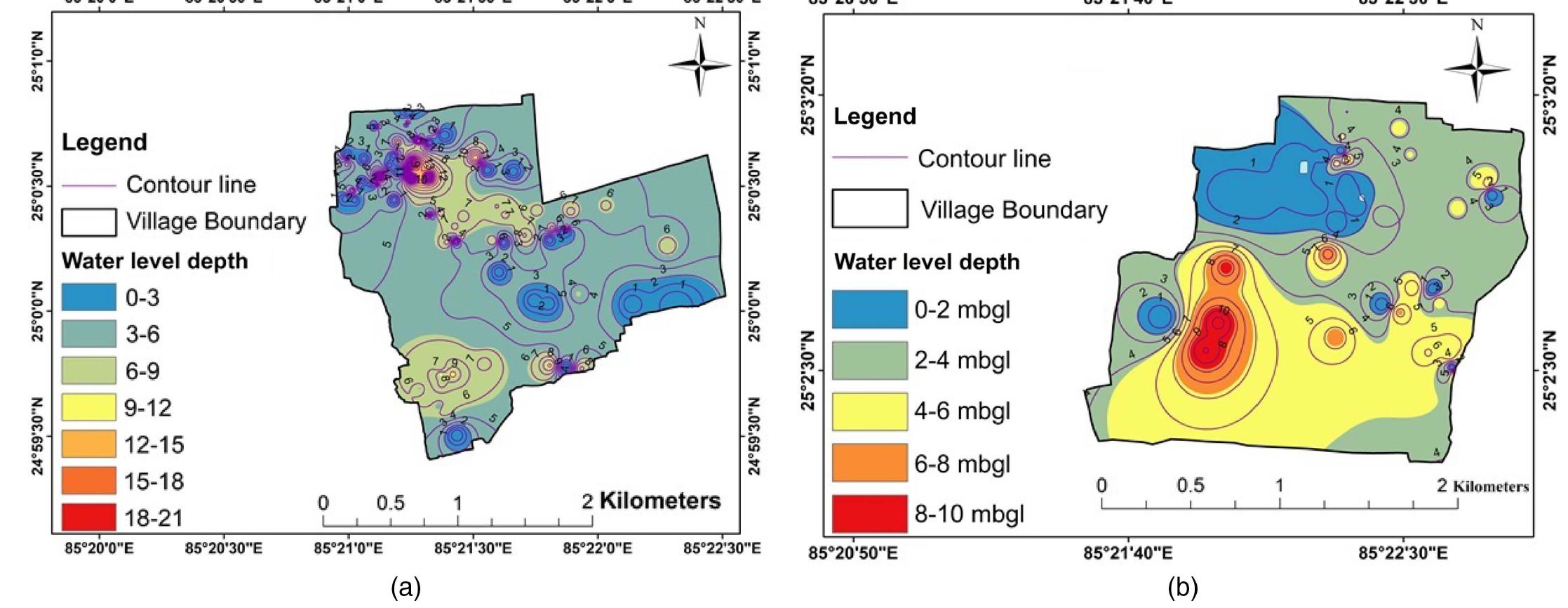 Fig. 5. Depth to water level map for (a) Nekpur; and (b) Meyar (prepared using 96 well data in Nekpur and 27 well data in Meyar with help of inverse weighted distance in ArcGIS environment).