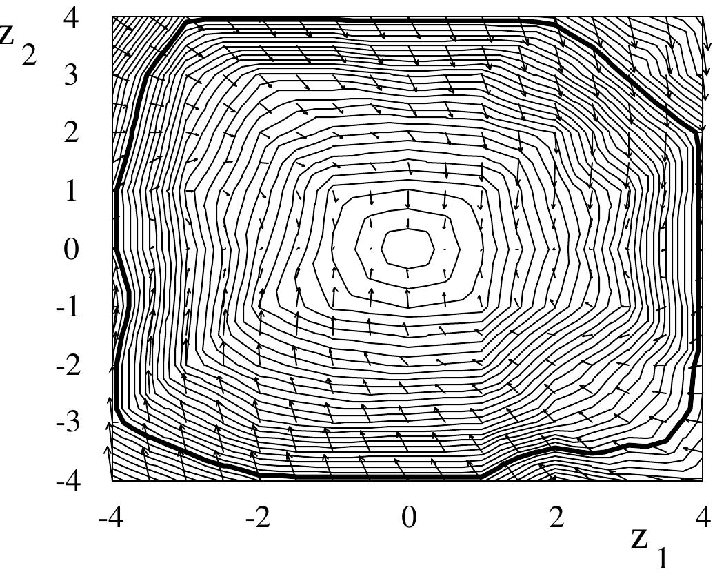 Figure 5.8: Level sets of the Lyapunov function, a portrait of the vector field associated 
