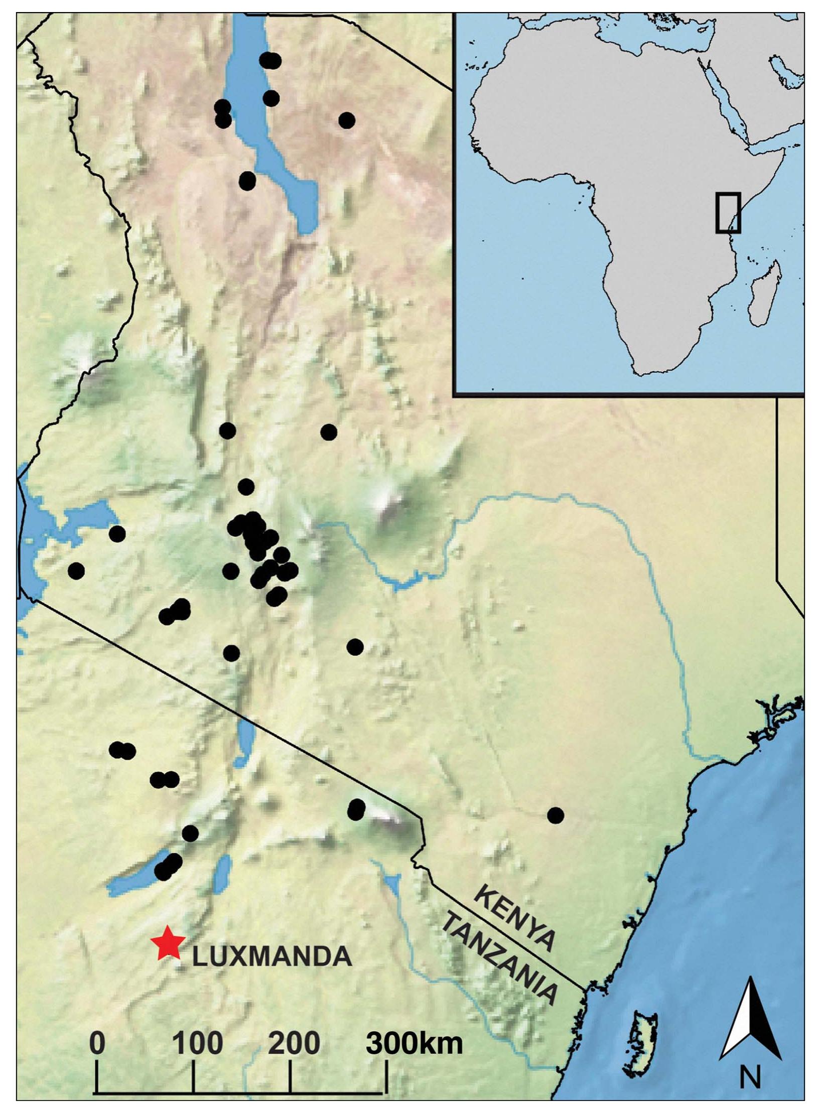 Figure 1. Locations of Pastoral Neolithic sites in Kenya and Tanzania (black dots) and of Luxmanda (red star) (Basemap: Natural Earth) (figure credit: M. Prendergast). 