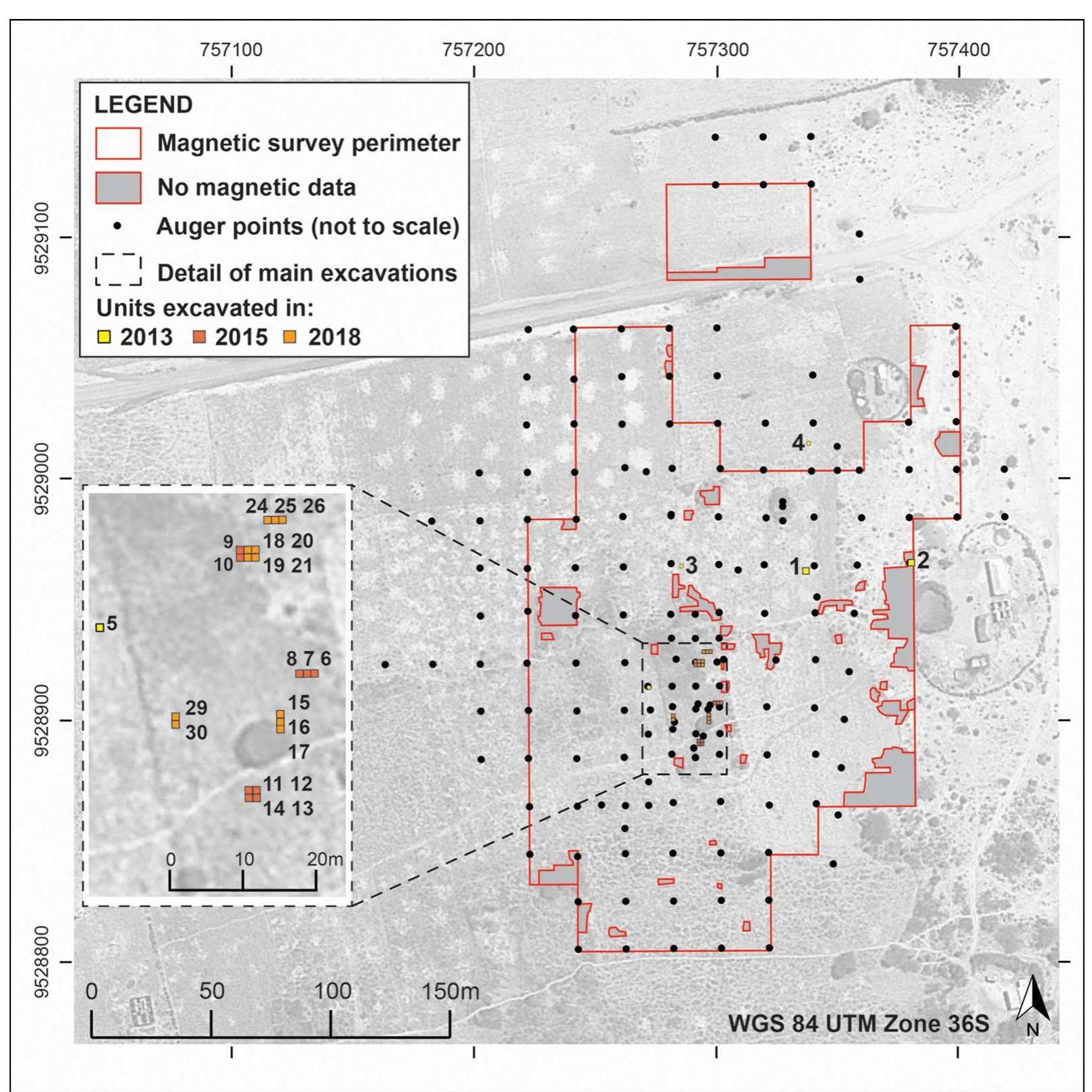 Figure 2. Plan of the Luxmanda site indicating boundaries of the magnetic survey area and excavation units (figure credit: M. Prendergast).  human activity areas and landscape modification in near-surface contexts. Such activities can create concentrations of enhanced magnetic particles or thermoremanent magnetisation of the soil, which can then be measured using a magnetometer as localised field strength (Clark 2000). These measurements are used to produce a map of magnetic anomalies and potential archaeological features across a survey area, although specific causes are difficult to interpret without contextually relevant archaeological data.  The survey area (approximately 35 360m”) was divided into 20m grids and magnetic sur- eG tg tt gm dL OTK OATH... 2k. m2. J. 2... 2k f 12. 211 2. 2 2 LN tL 