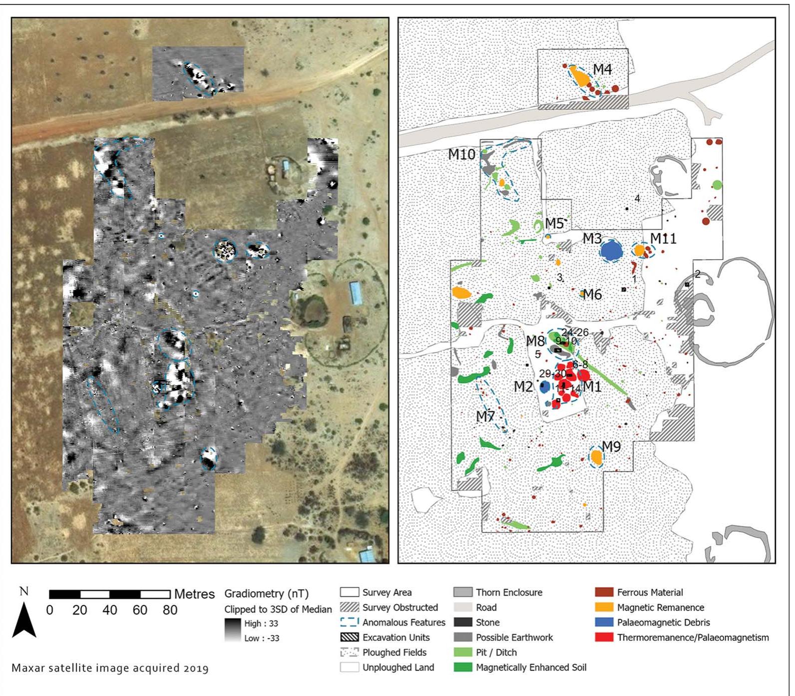 Regional variations in geology and archaeology can significantly affect the visibility of anomalies, while the orientation of buried features can create unpredictable patterns of over- lapping magnetic fields. Operator experience with relevant archaeological materials in com- parable contexts is therefore a significant advantage. The relative lack of published gradiometric survey work conducted in eastern Africa however, and total absence away from the coast, meant that the interpretation of the Luxmanda gradiometry survey was, in part, informed by the complementary archaeological surveys, including fieldwalking and augering, that we conducted across the site during the same season. Areas of interest identified through gradiometry were denoted M1—M11 (Figure 4); four of these, which were investi- gated in 2015 and 2018, are discussed below (Figure 5).  
