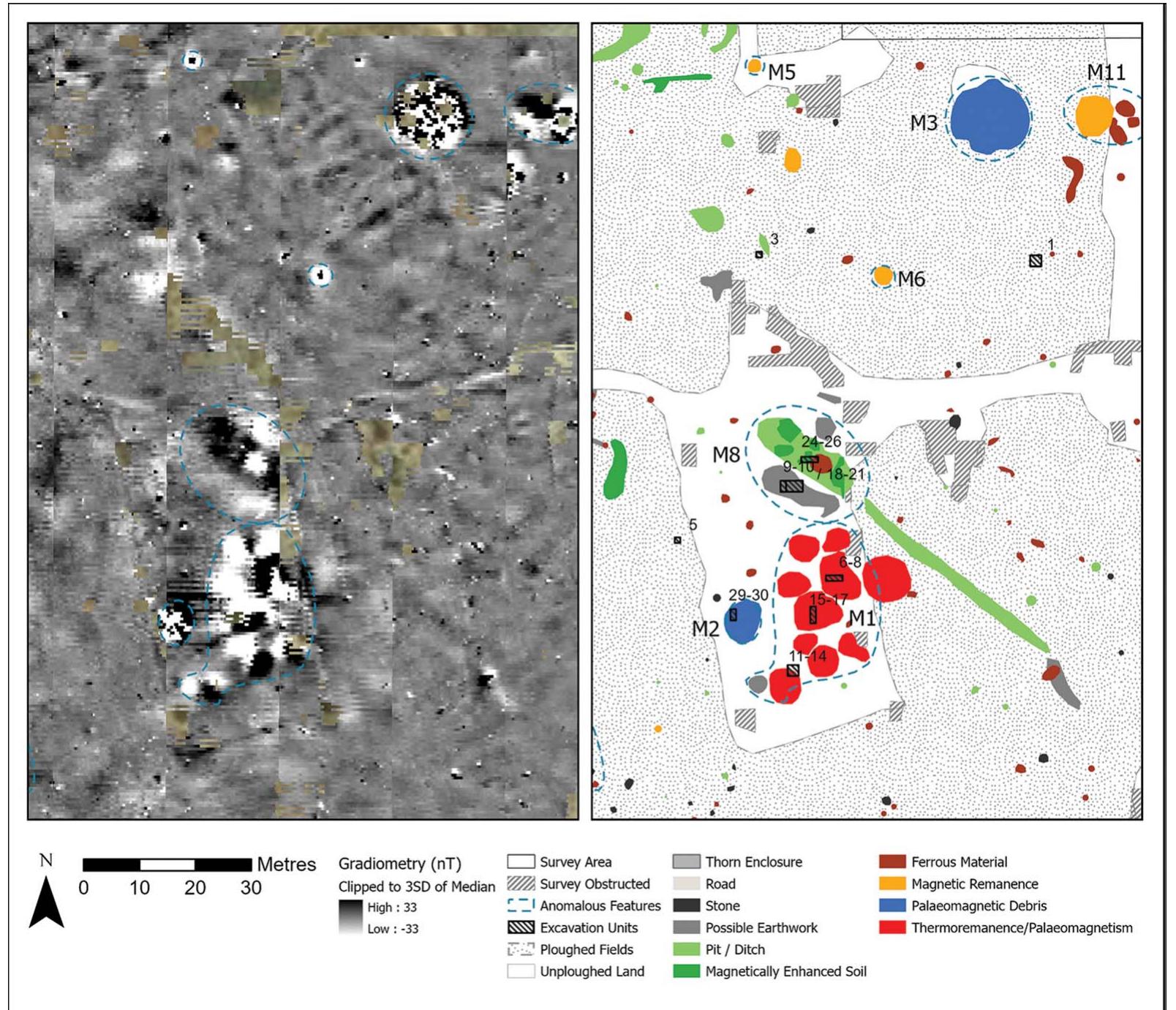 Figure 5. Detail of main area of interest: left) processed magnetic gradiometry data; right) interpretation of archaeological features (figure credit: T. Fitton). 
