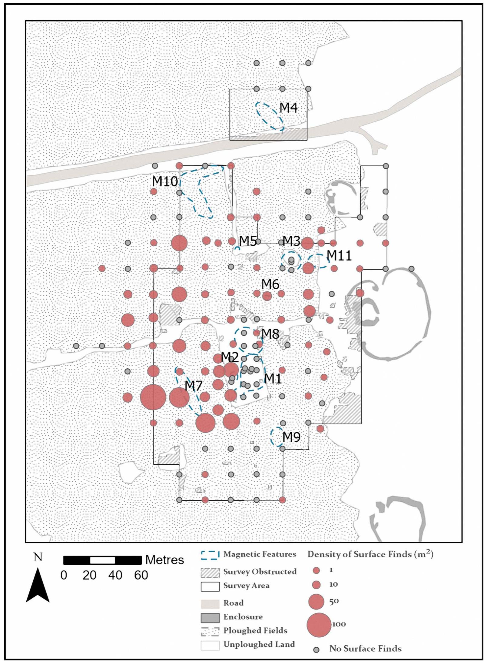 Figure 6. Densities of surface cultural material (predominantly pottery, lithics and bone) at 1 m collection points, which help to define the sites extent. High-density areas of surface material do not map simply onto magnetic anomalies (M1—M11) (see also Table 1). Auger cores were also recovered at these points; subsurface density of material culture is summarised in Figure 7 (figure credit: D. Contreras and T. Fitton). 