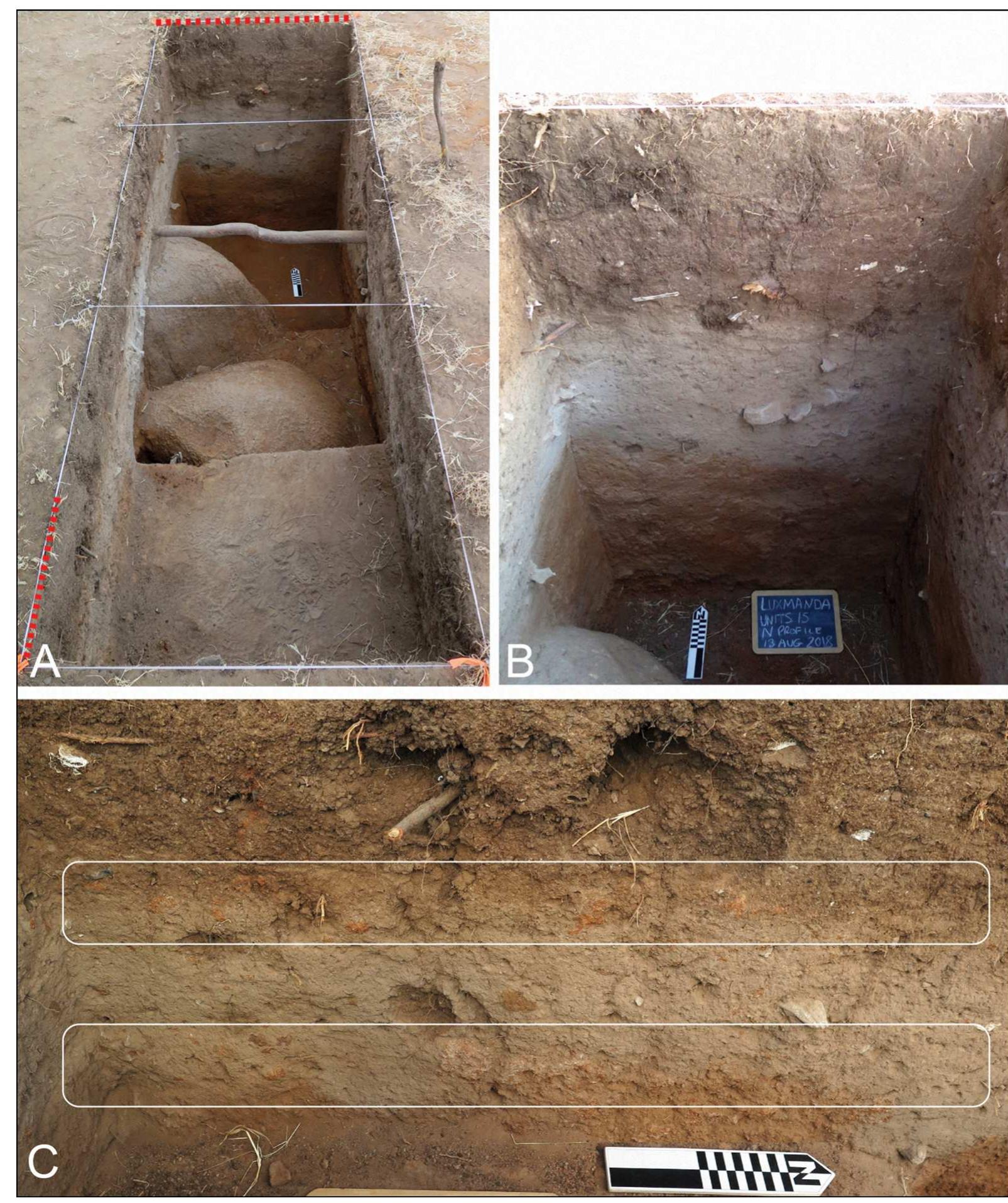 Figure 8. Units 15-17 (A), with red lines indicating Unit 15 north profile (B) and the southernmost part of Unit 17 west (C) profile. In A and B, emerging bedrock is visible. In C, two bands of compacted, daub-like sediment are indicated; these were also identified in patches elsewhere in the trench (figure credit: M. Prendergast). 