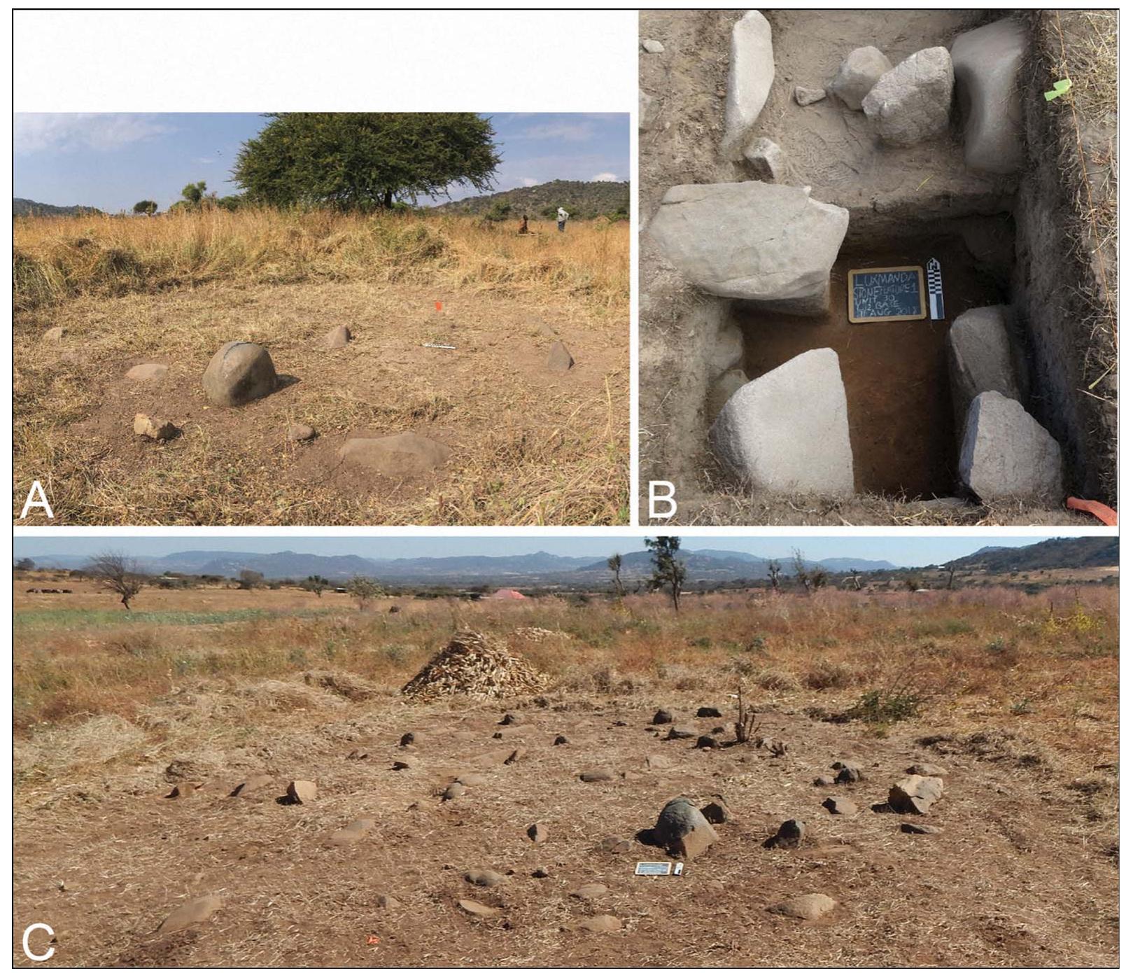 Figure 9. A) Stone Feature 1 (approximately 18m ); B) excavations (Units 29-30) revealed large numbers of pounded, ground and pecked stones; C) unexcavated Stone Feature 2 (approximately 90m 7) (figure credit: K. Grillo and M. Prendergast). 