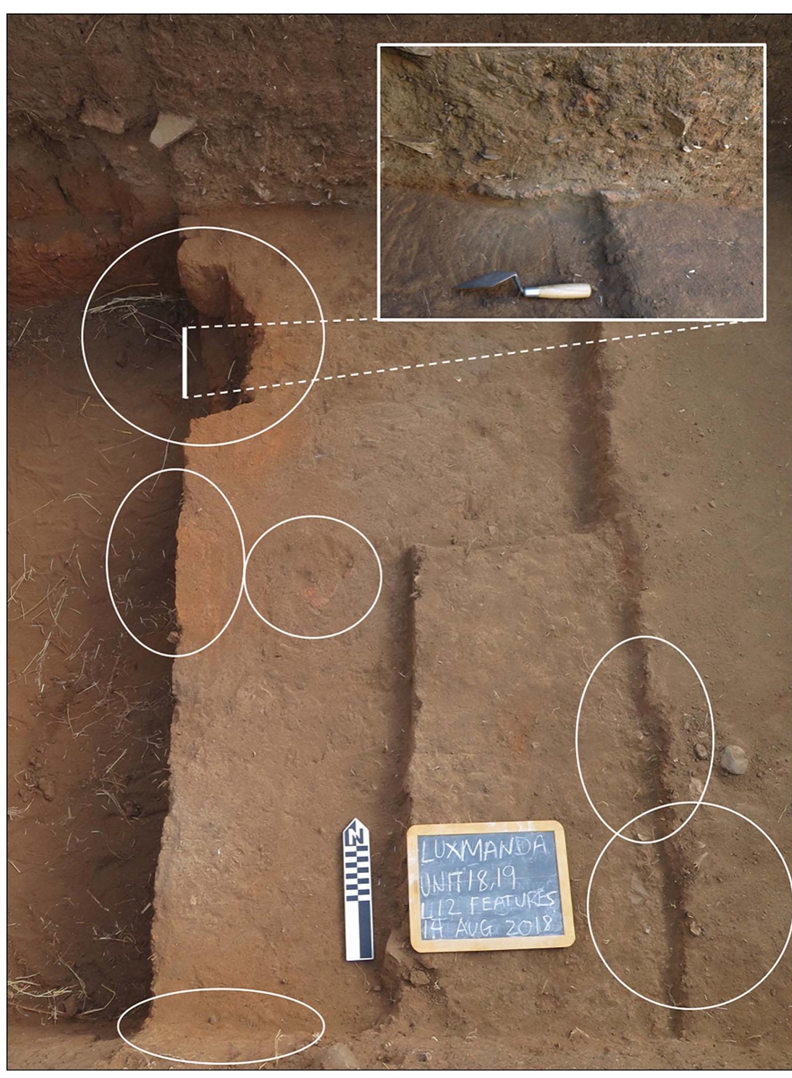 Figure 10. Excavation in Units 18-19 (centre), with visible parts of Units 9-10 (left) and Units 20-21 (right). Multiple burned earth features, identified as hearths, are circled. Inset map shows profile of hearth in Unit 18 prior to removal for micromorphological analysis (figure credit: K. Grillo). 