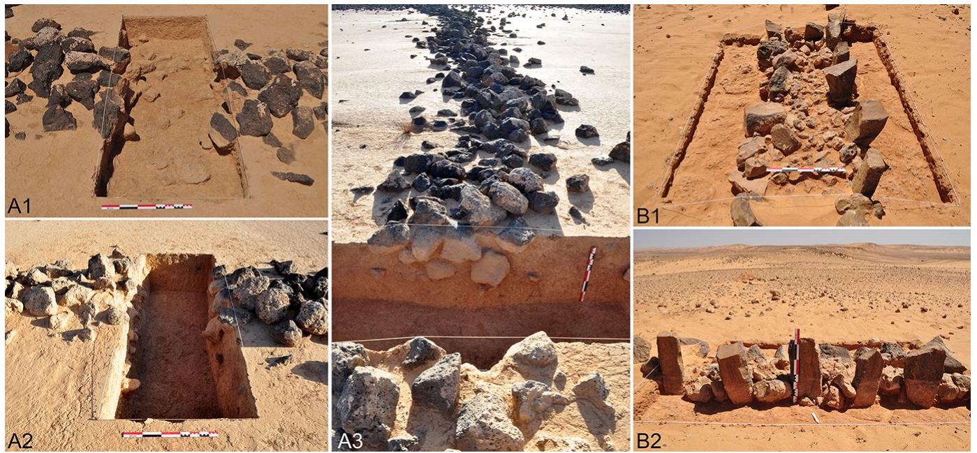 Fig. 3 Excavations of driving lines. Al and A2: in a ga’, during and after excavation of kite JD223 (S2 sounding) from NE Jordan—the driving line is slightly covered by upper layers of silts from the sedi- mentary accumulation of the ga’; A3: view of the section of the same sounding; B1 and B2: two views of a sounding of kite JGHD 02 from SE Jordan—the driving line is constructed on this desert pavement, being almost entirely visible from the actual surface 