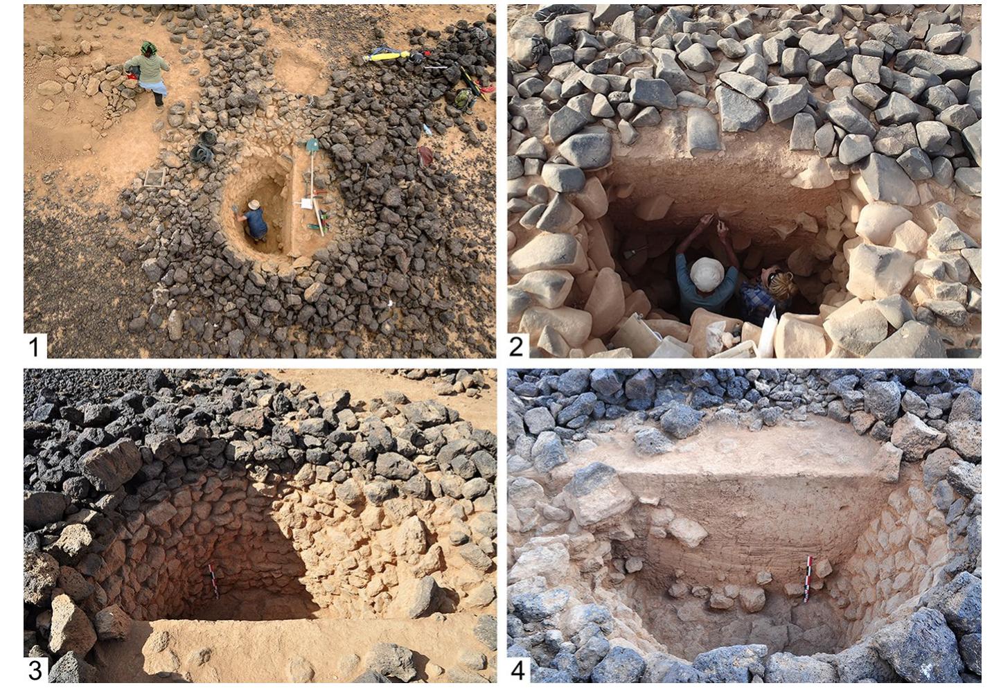 Fig.5 Examples of excavations of pit-traps in the NE Jordan Window. 1, 3, 4: S3 sounding in kite JD223; 2: S1 sounding in kite MW2 