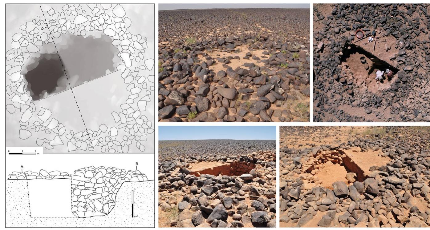 Fig.6 Excavation of pit-trap S1 in kite JD174 (NE Jordan Window). Drawings: photogrammetric model of the excavated pit-trap and section; photos, clockwise from top left: JD174 S1 pit-trap before, during and after excavation 