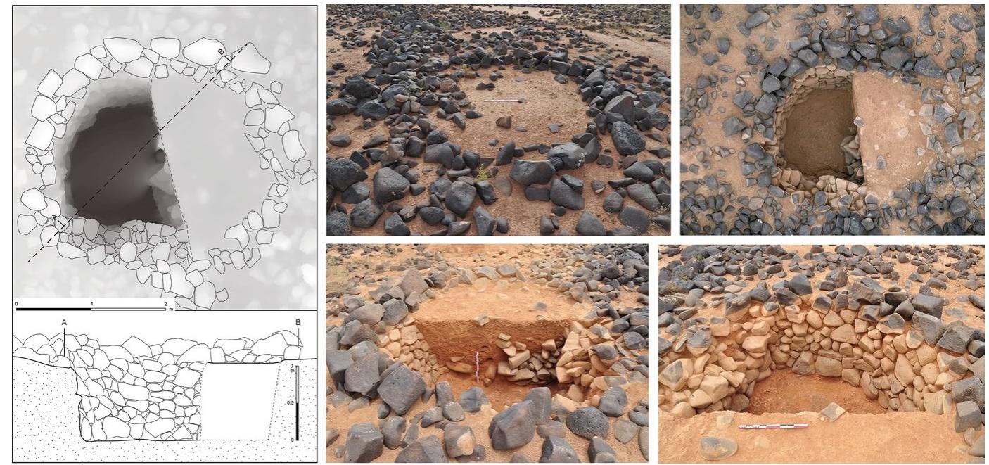 Fig. 7 Excavation of pit-trap S1 in kite JD601 (NE Jordan Window). Drawings: photogrammetric model of the excavated pit-trap and section; photos, clockwise from top left: JD601 S1 pit-trap before, during and after excavation 