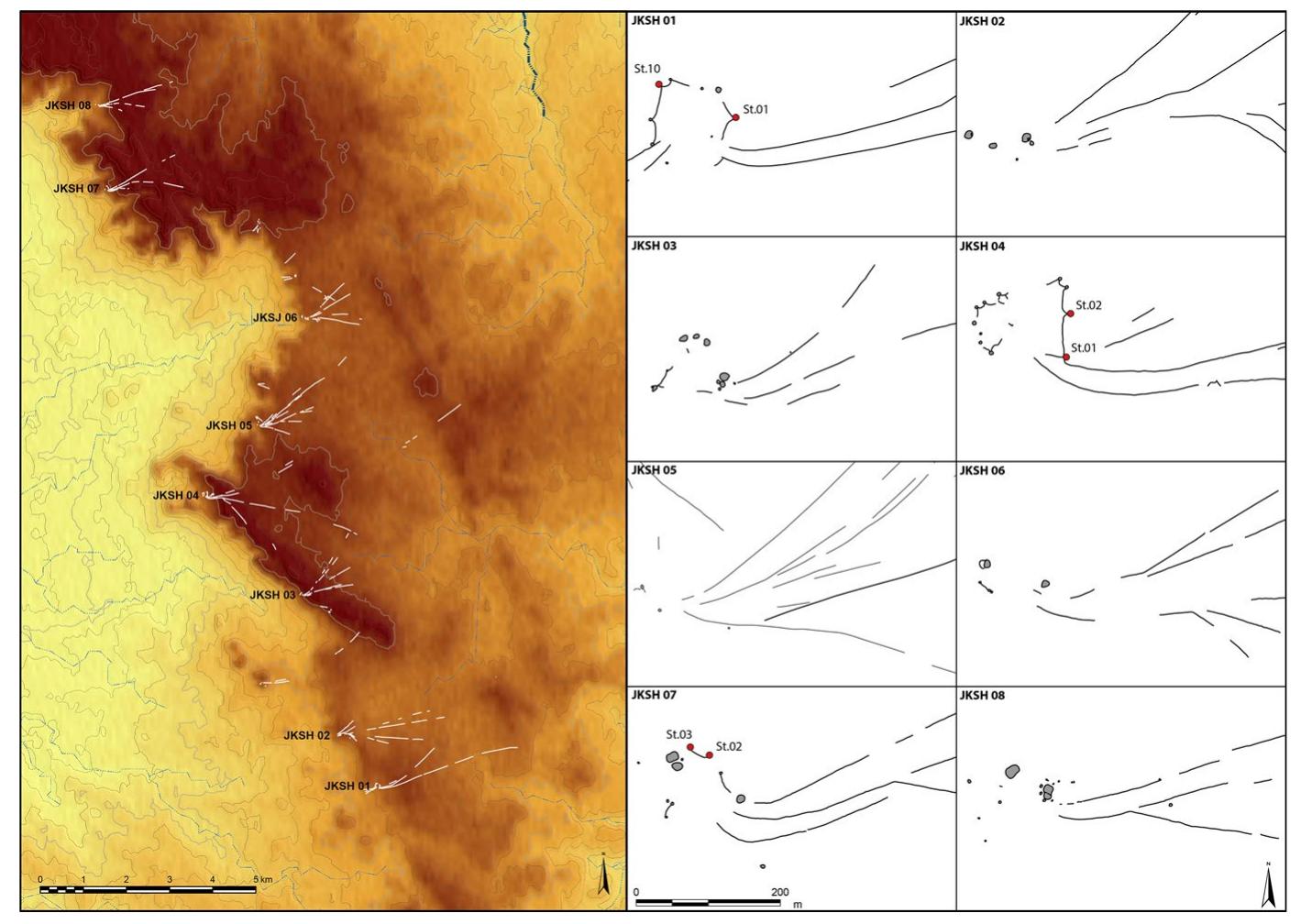 Fig.8 Jibal al-Khashabiyeh (SE Jordan Window). Left: general map of the chain of kites; right: maps of kites with excavated pit-traps in red 