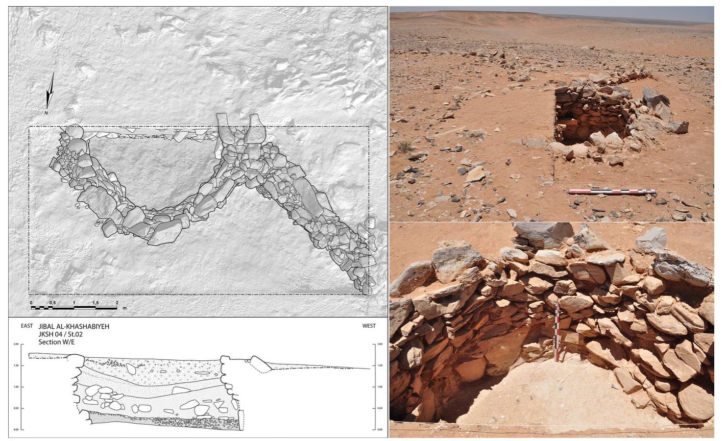 Fig. 10 Excavation of pit-trap St.02 in kite JKSH 04 (SE Jordan Window). Drawings: photogrammetric model of the excavated pit-trap and W/E section drawing of the pit filling; photos: JKSH 04 St.02 pit-trap after excavation 