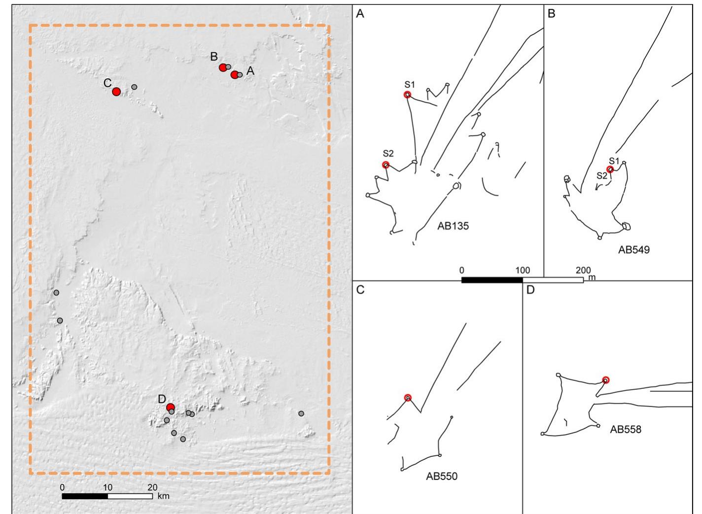 Fig. 11 Nefud Desert (Saudi Arabia Window). Left: general map of the distribution of kites; right: maps of kites with excavated pit-traps in red  part of the pit-trap, up to the highest point of the wall above the present-day gro und. 