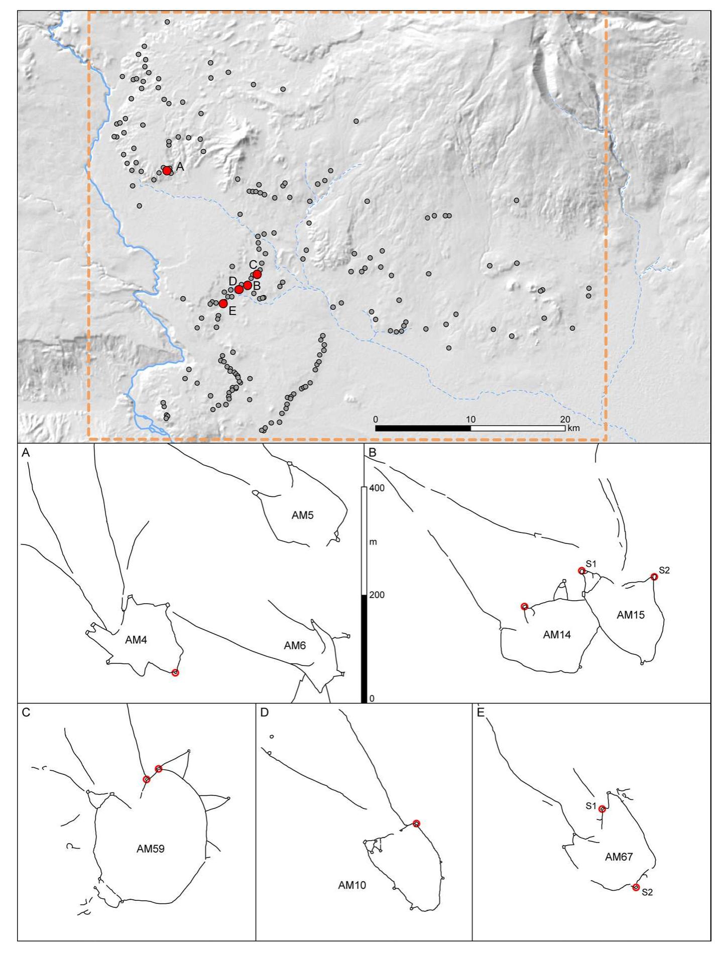 Fig. 13 Mount Aragats (Armenia Window). Top: general map of the distribution of kites; bottom: maps of kites with excavated pit-traps in red 
