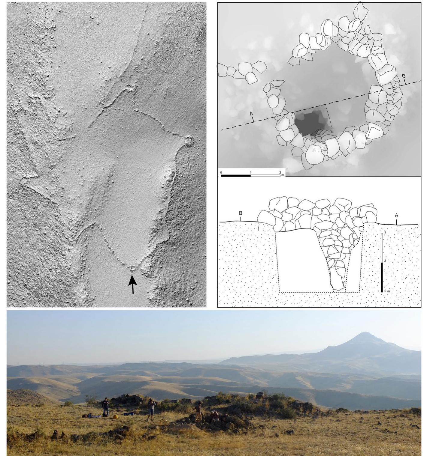 Fig. 14 AM4 kite in Armenia. Top left: Digital Surface Model of AM4, LI pit-trap is indicated by the arrow; top right: photogrammetric model of the excavated L1 pit-trap; bottom: general view of the L1 pit-trap at AM4 