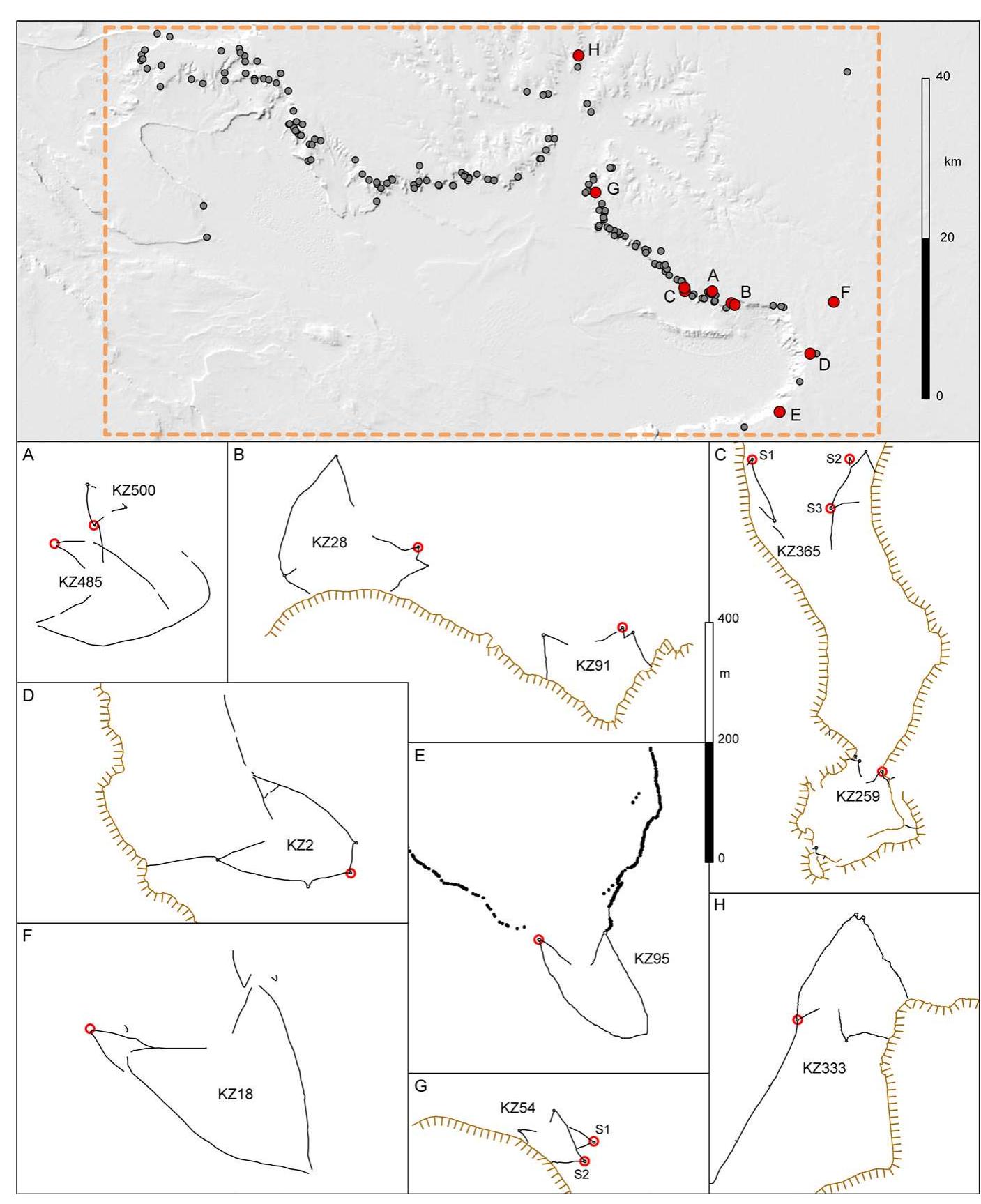 Fig. 16 Ustyurt Plateau (Kazakhstan Window). Top: general map of the distribution of kites; bottom: maps of kites with excavated pit-traps in red 