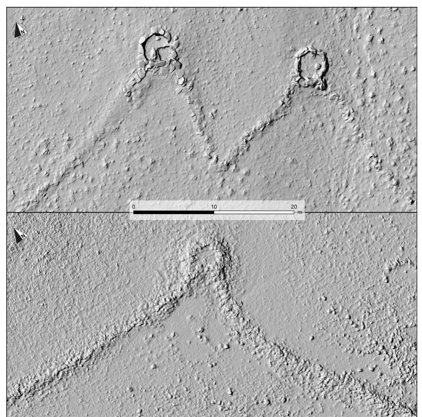 Fig. 21 Examples of pointed type and nascent-point layouts (Digital Surface Model): a kite KZ28, two contiguous pointed pit-traps, b kite JD174, a nascent-point pit-trap  Fig. 20 Insertion of pit-traps in the enclosure: a types of layout, b average number of the different types of pit-traps per kite 