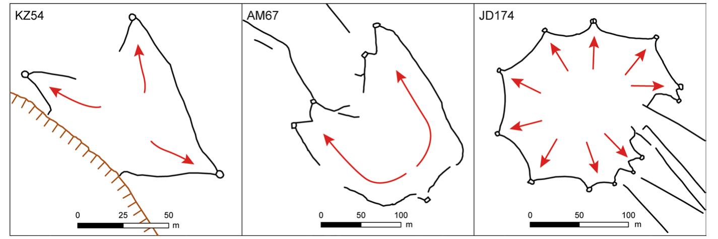 Fig. 22 Examples of kite layouts consisting of pointed or nascent-point pit-traps (KZ54, AM67, JD174) 