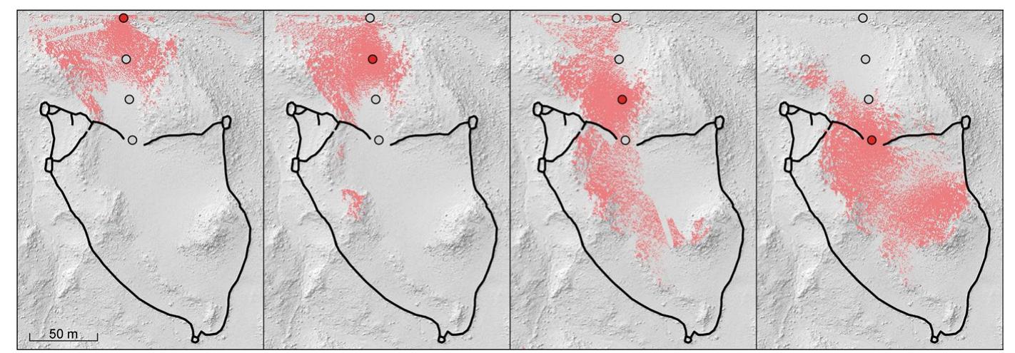 Fig. 24 Visibility simulation of the approach to the entrance of enclosure AM15: viewsheds from a height of 1 m, calculated at 30 m intervals  hs amen  Localised topographic irregularities were sought out by kite constructors to posi- tion the enclosure, namely the presence of more or less marked different-angled slopes with diverse orientations, compartmentalizing the enclosed area. In addition, small mounds, rocky snags or short ravines were sometimes associated with such irregularities, adding to the complexity of the topography. In comparison, the space between the driving lines appears to be much more open. The presence of a break of slope at or near the entrance was first noted and observed in Jordan (Helms & Betts, 1987), or in Syria (Morandi Bonacossi & Iamoni, 2012), quite some time ago. It was interpreted as representing an intention to conceal the entrance of the enclosure from running animals until they effectively entered the enclosure. A visibility test at kite entrances using very high-resolution (5 cm) Digital Surface Models (DSM) confirms this interpretation (Fig. 24): the interior of the enclosure only becomes sig- nificantly visible in the immediate proximity of the entrance. This break of slope at kite entrances is observed in more than 81% of cases at the scale of the distribution area based on satellite information. We have also often observed this feature in the 