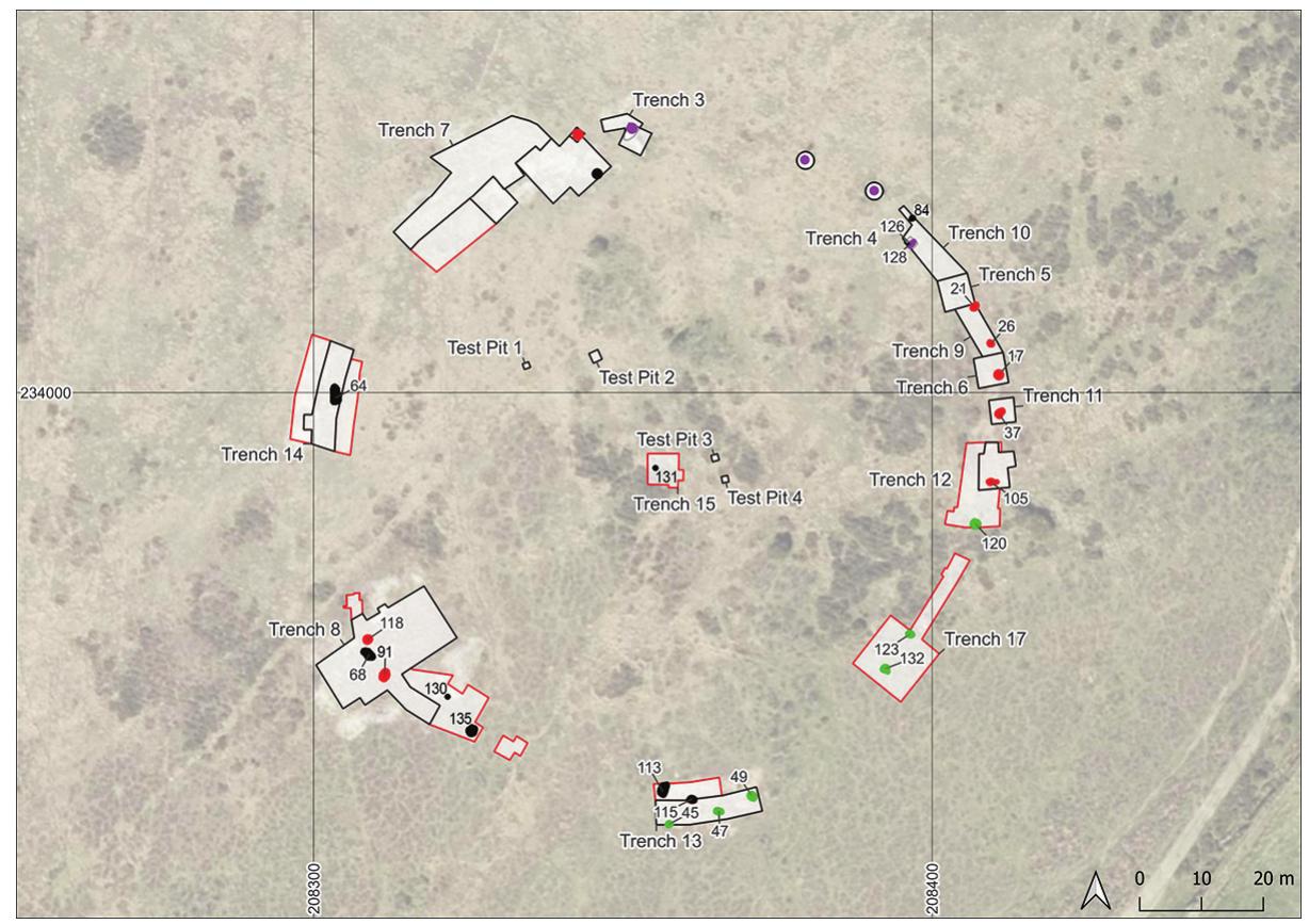 The excavation trenches (in black [2018] and red [2021]) at
