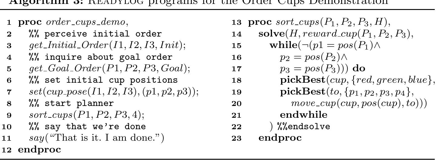 We do not discuss the details of the human-robot interaction procedure here but we only mention that it involves calling sub-routines that make use of the information provided by the modules described in Section 2.4. With this information it calls the procedure sort_cups. This procedure now uses decision-theoretic planning to sort the cups in an optimal way. It does so by using pickBest to select the next cup and a position to move the cup to in every step until all cups are at their desired goal positions. The optimization theory is mainly encoded in the reward function. In the case of the OCD task, the function gives a higher reward to situations with fewer actions performed by the robot. This way, CAESAR computes and executes a policy to perform the re-ordering with a minimal number of movements. 