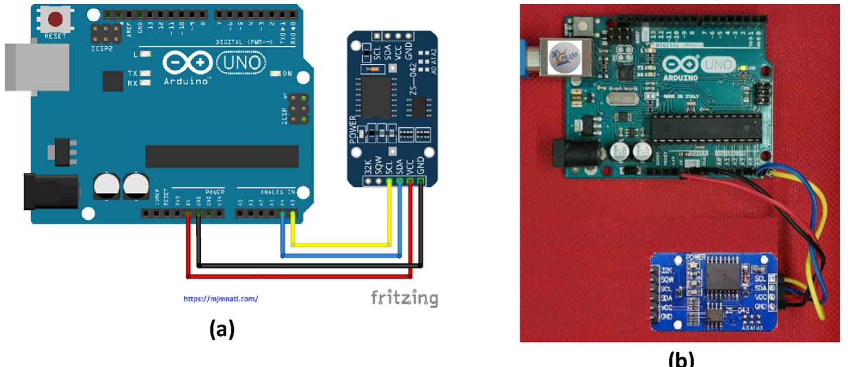 Arduino uno and rtc clock interfacing circuit: a) a