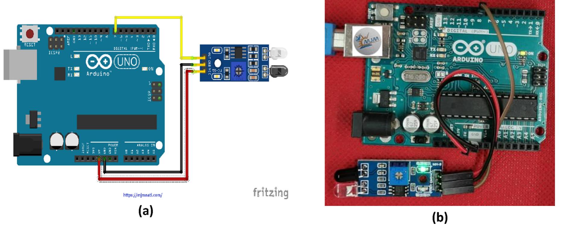Arduino uno and infrared sensor interfacing circuit: a) a image.