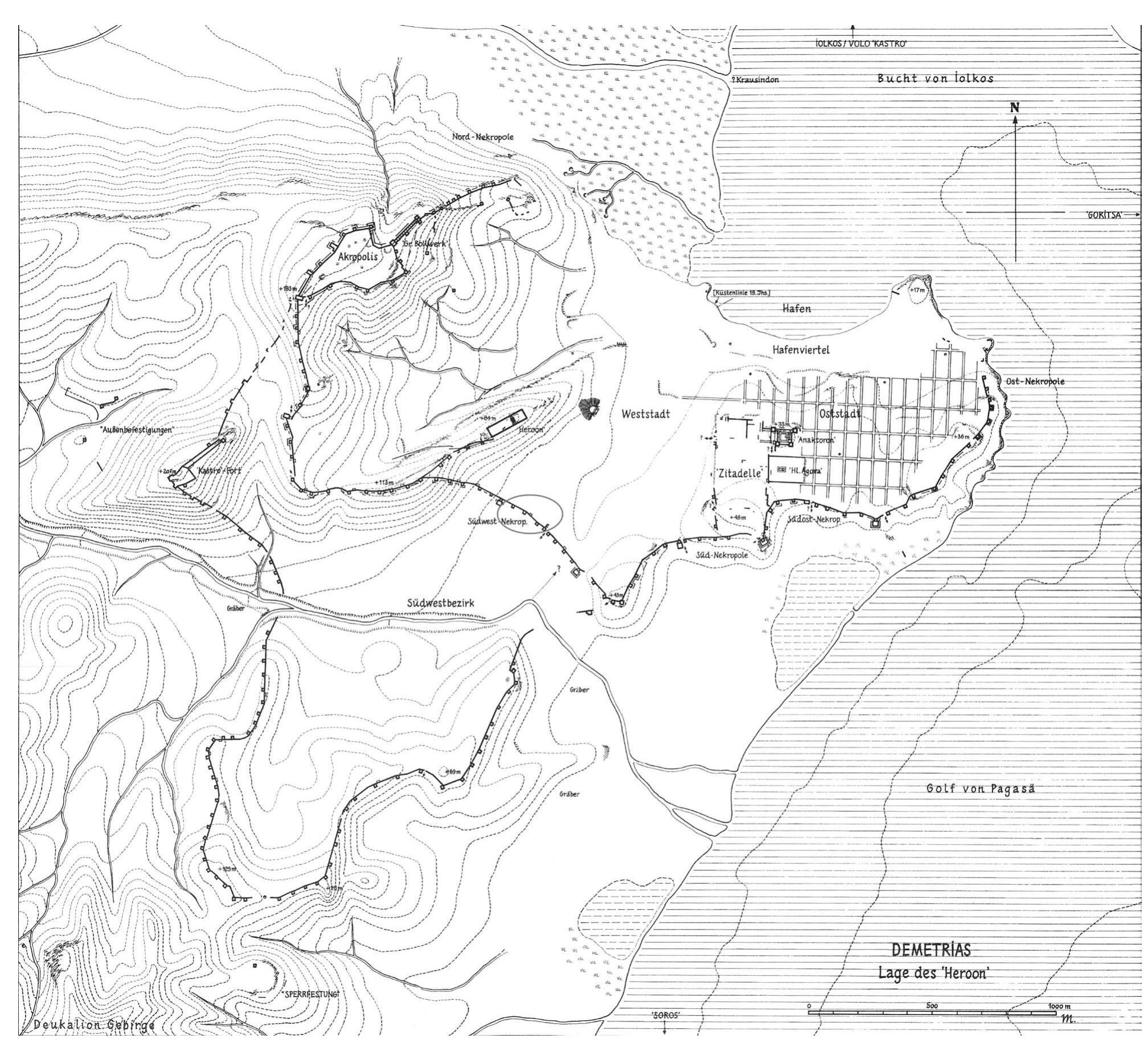 1 The location intra muros of a burial cluster consisted of a secondary (?) cremation burial, a child cist grave, a small grave for a child burial and a larger grave at Demetrias 