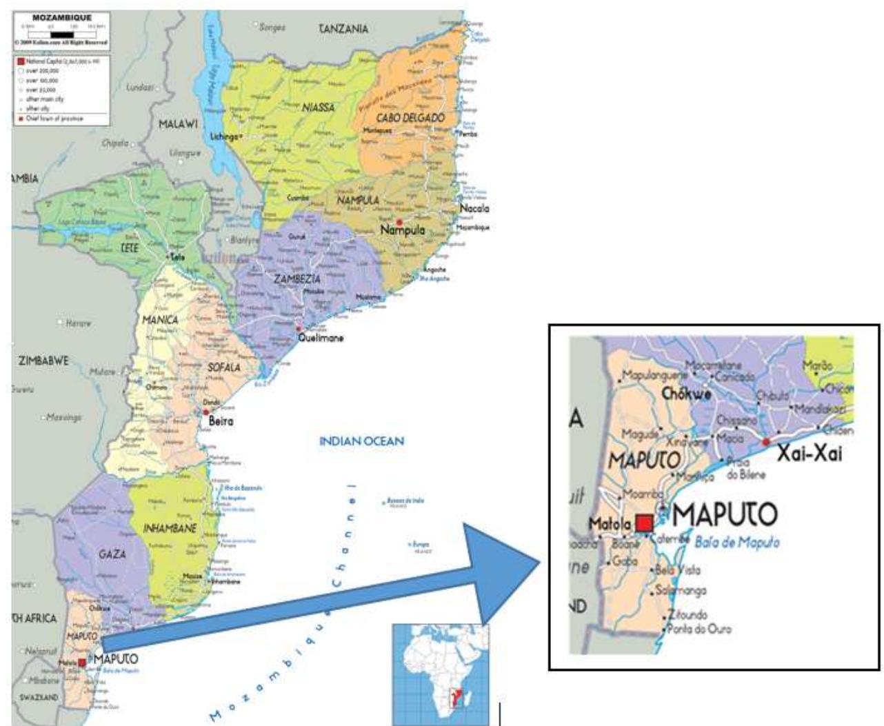Maps of mozambique and maputo province. source: