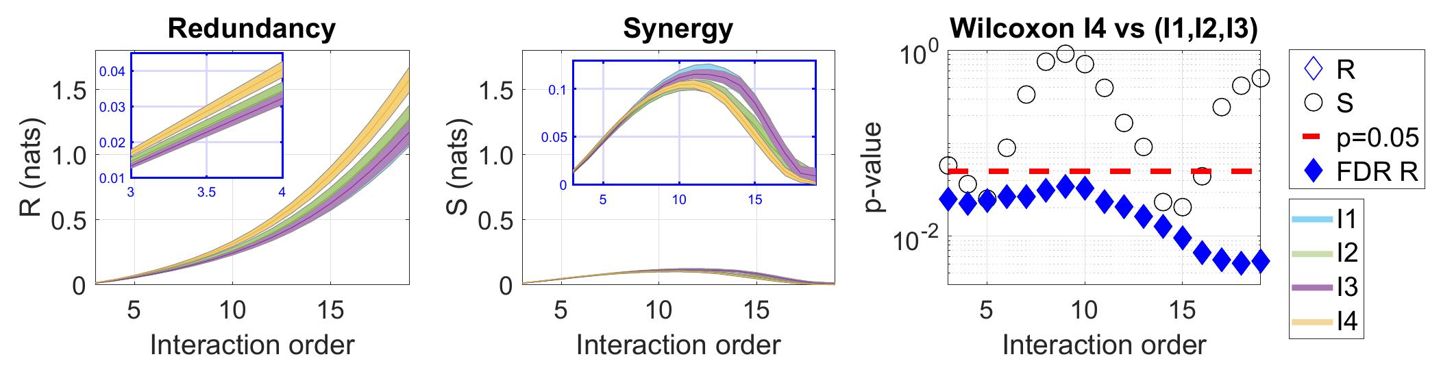 Figure 3: Significantly increased redundancy in older participants across all interaction orders. Average over all modules m=1,...,M of redundancy and synergy obtained with the equations (4) and (5) for each of the groups 11, 12, 13, 14. Notice that when increasing the interaction order, and independently of age, both redundancy and synergy curves have a completely different pattern (one monotonously increasing and the other following an U-inverted curve). The right panel shows that group differences in redundancy (represented by diamonds) in older participants (14) is significantly different from the combination of other groups (11, 12, 13) at all interaction orders. In relation to synergy (represented by circles), none of the values survived correction for multiple comparisons at any of the interaction orders. Both diamonds and circles are filled when the value of redundancy ot synergy survived correction for multiple comparisons. 