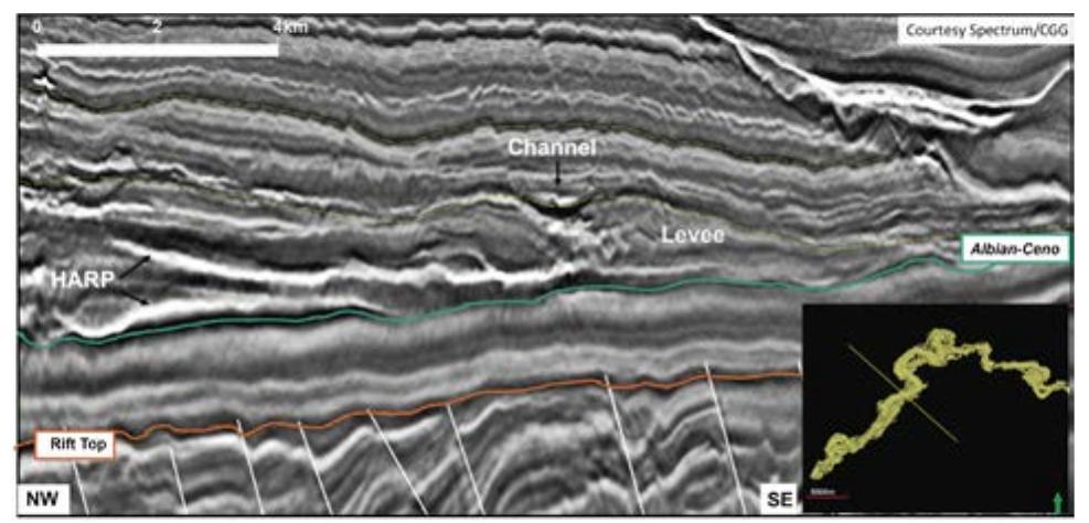 3d seismic section showing the harp and channel-levees.