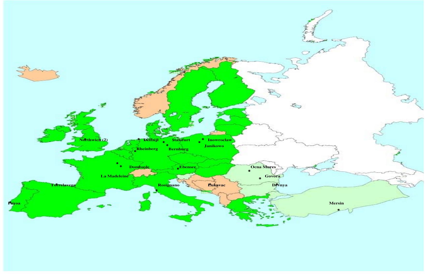 Figure 1.2: Overview of the location of soda ash plants (Solvay process)within the European Union (2002).  