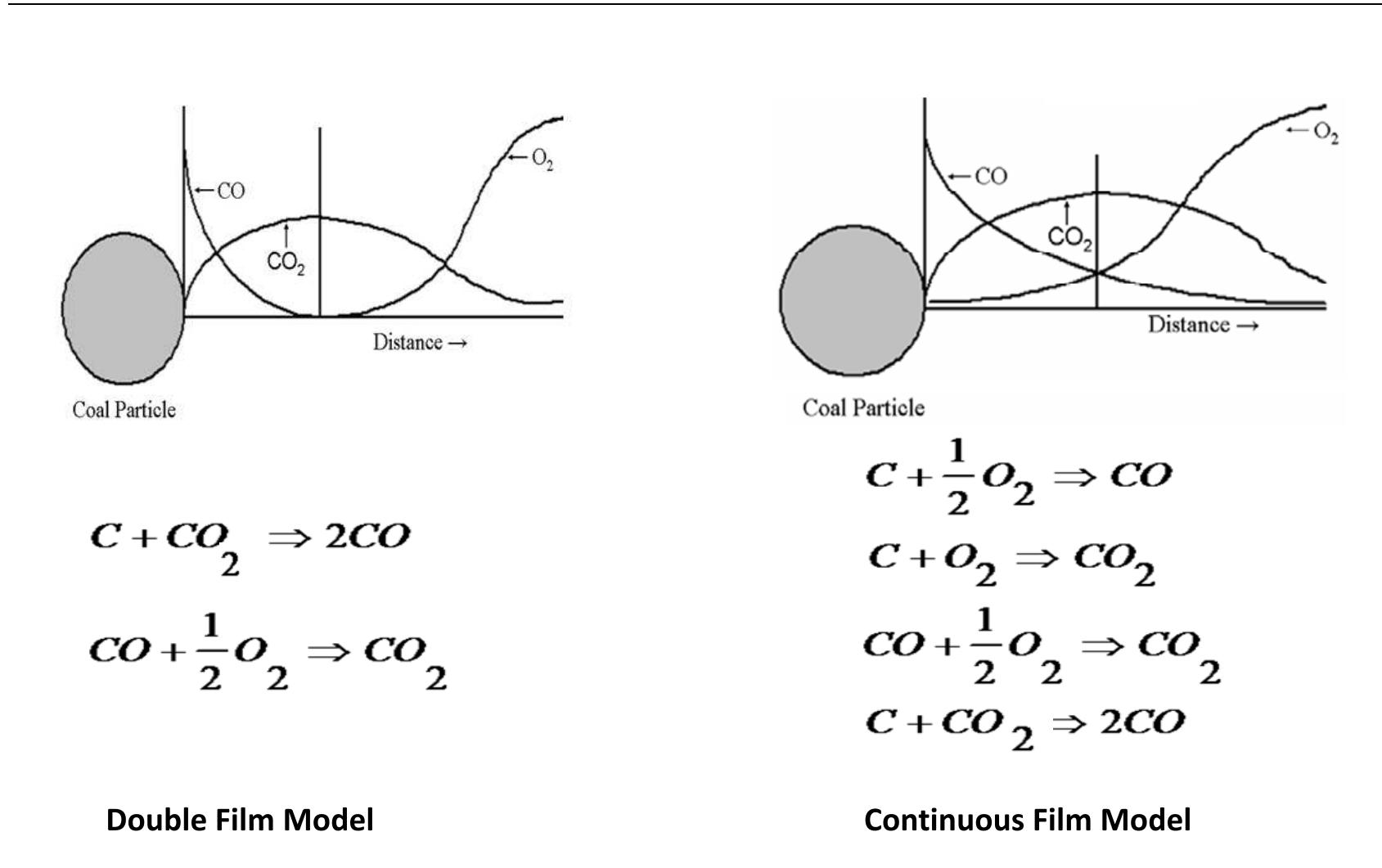 Figure 4.2: Schematic concentration profiles in combustion models for burning of coke particle. 
